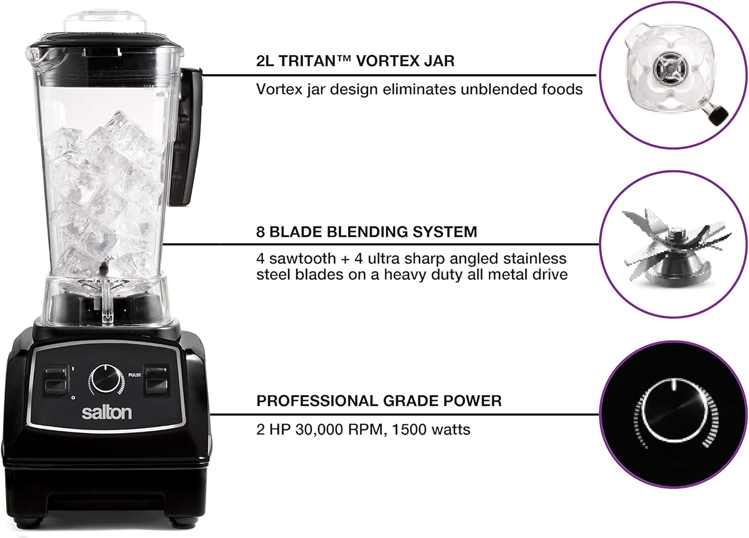 Salton BL1486BLBT Power 2 L/QT Table Top Blender, 2 Liters, Black