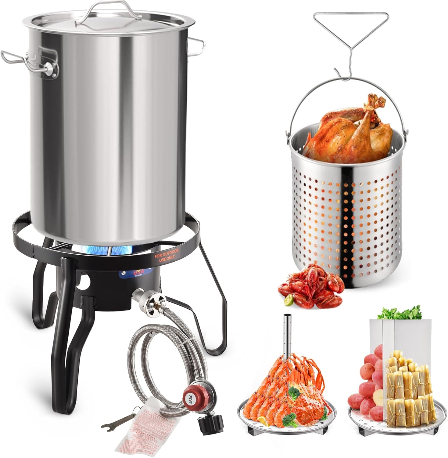 ARC 32QT Stock pot Seafood Boil Pot and Propane Stove Outdoor Cooker, Stainless Steel Crawfish Boil Pot with Basket and Steamer Rack, Burner for Outdoors Cooking and Steaming