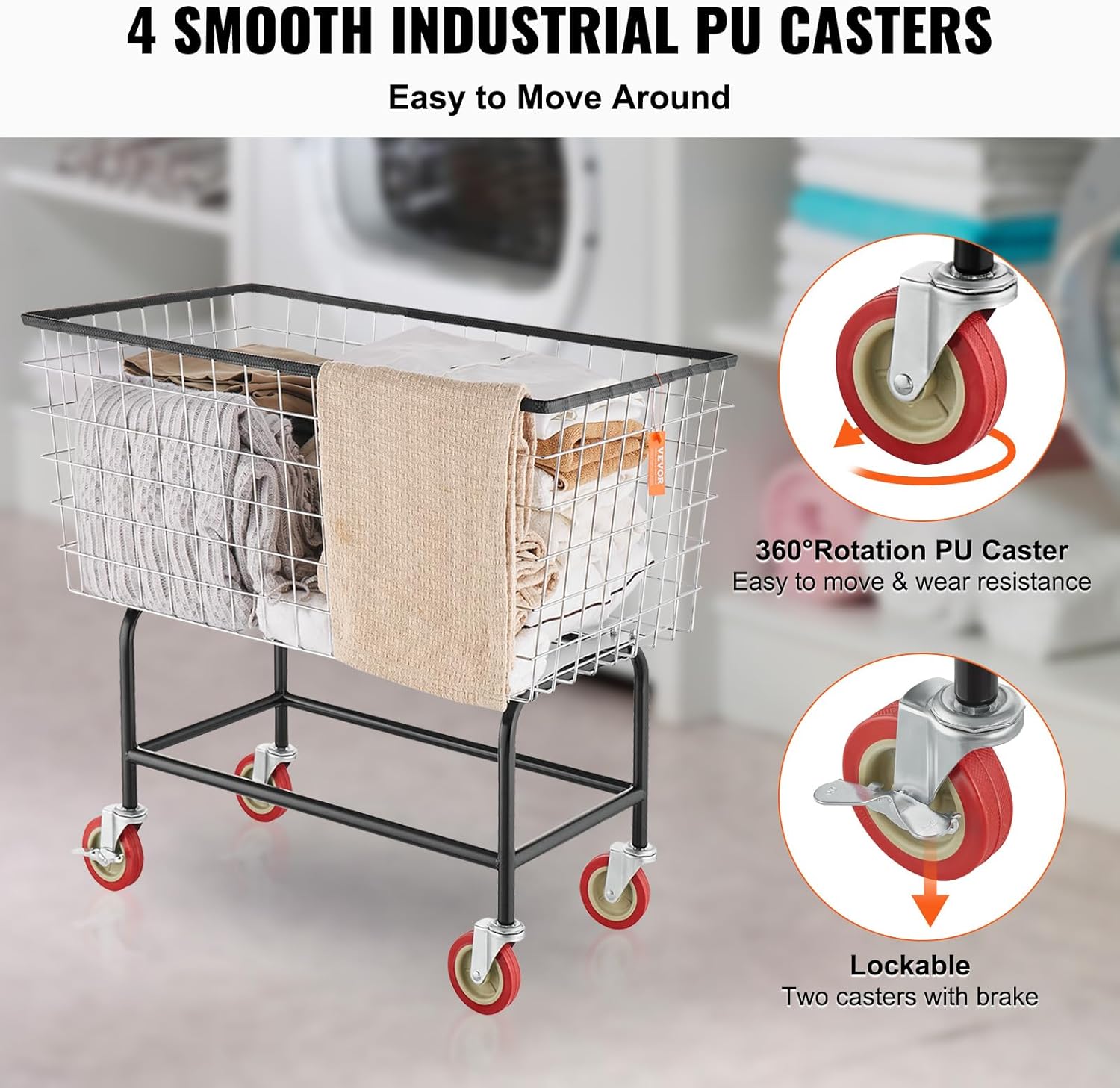 VEVOR Wire Laundry Cart, 3.8Bushel Wire Laundry Basket with Wheels, 32.5''x21.3''x29.9'', Commercial Laundry Basket, Steel Frame with Chrome Finish, 4'' Casters, Wire Cart for Laundry