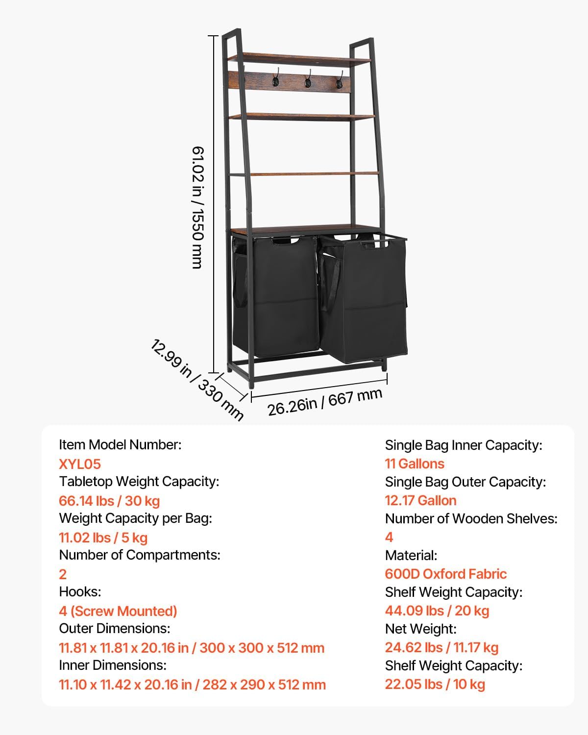 VEVOR 4 Tiers Laundry Sorter, Tall Laundry Hamper with Shelves and Hooks, 2 Section Freestanding Basket Organizer Storage with 600D Oxford Cloth Bags and Ladder Shelves for Dirty Clothes, Bathroom