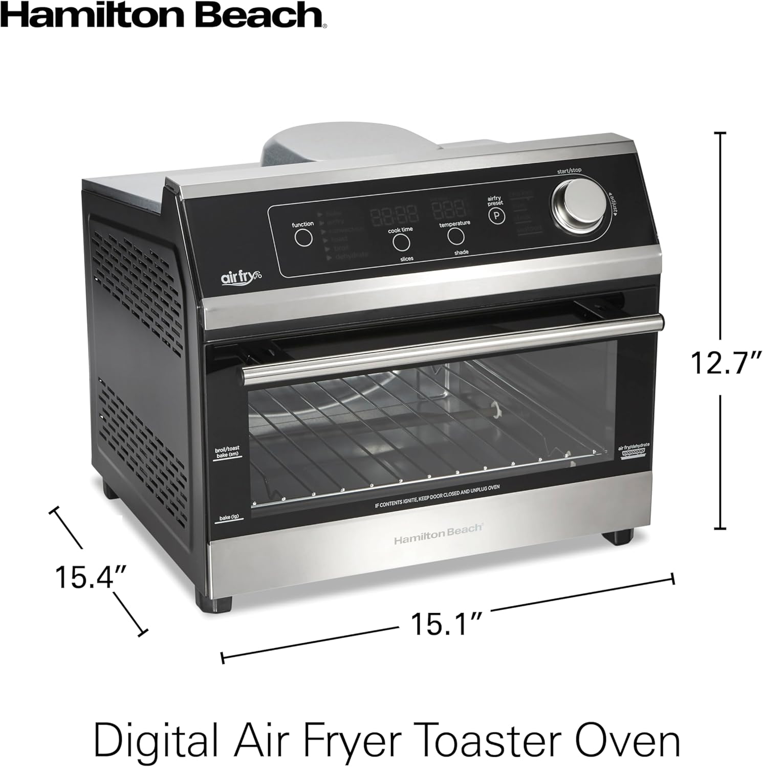 Hamilton Beach Digital Air Fryer Toaster Oven Combo, 10 Ways to Cook, 4 Preset Functions, Stay On & 1800 Watts, LED Capacitive-Touch Controls, 2 Rack Positions, Fits 12” Pizza, Black & Stainless Steel