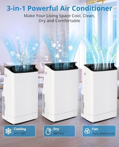 Portable Air Conditioner with Dehumidifier & Fan Modes, 14,000 BTUs Cooling Unit for Rooms Up to 750 Sq. Ft, Quiet Operation, Easy Installation, Built-in Wheels for Mobility (Black Cover)