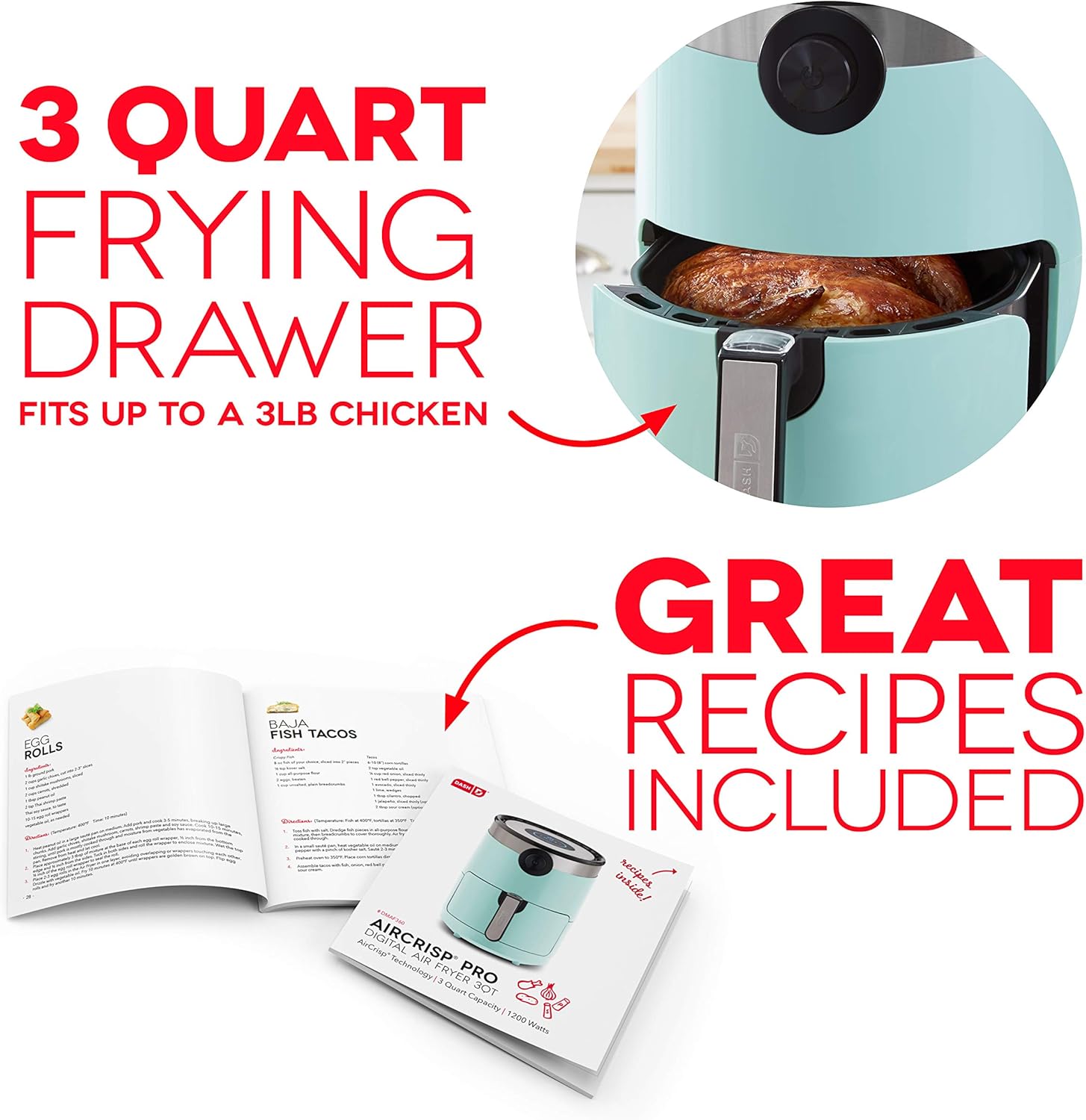 Dash DMAF360GBAQ02 Aircrisp® Pro Digital Air Fryer + Oven Cooker with Digital Display + 8 Presets, Temperature Control, Non Stick Fry Basket, Recipe Guide + Auto Shut Off Feature, 3qt, Aqua