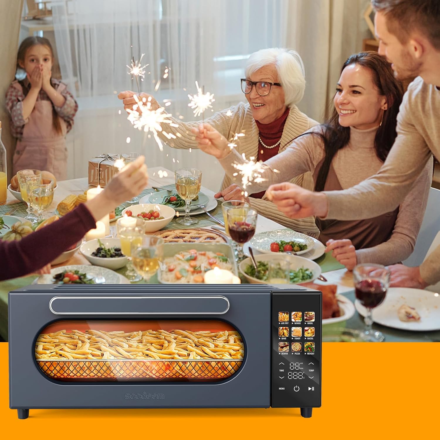 SEEDEEM 10-in-1 Air Convection Toaster Oven, 15L Convection Toaster Oven Cooker with Color LCD Display and Touch Screen, Toaster, Air Fryer, Dehydrate, 4 Accessories Included, 1800W, Ash Gray