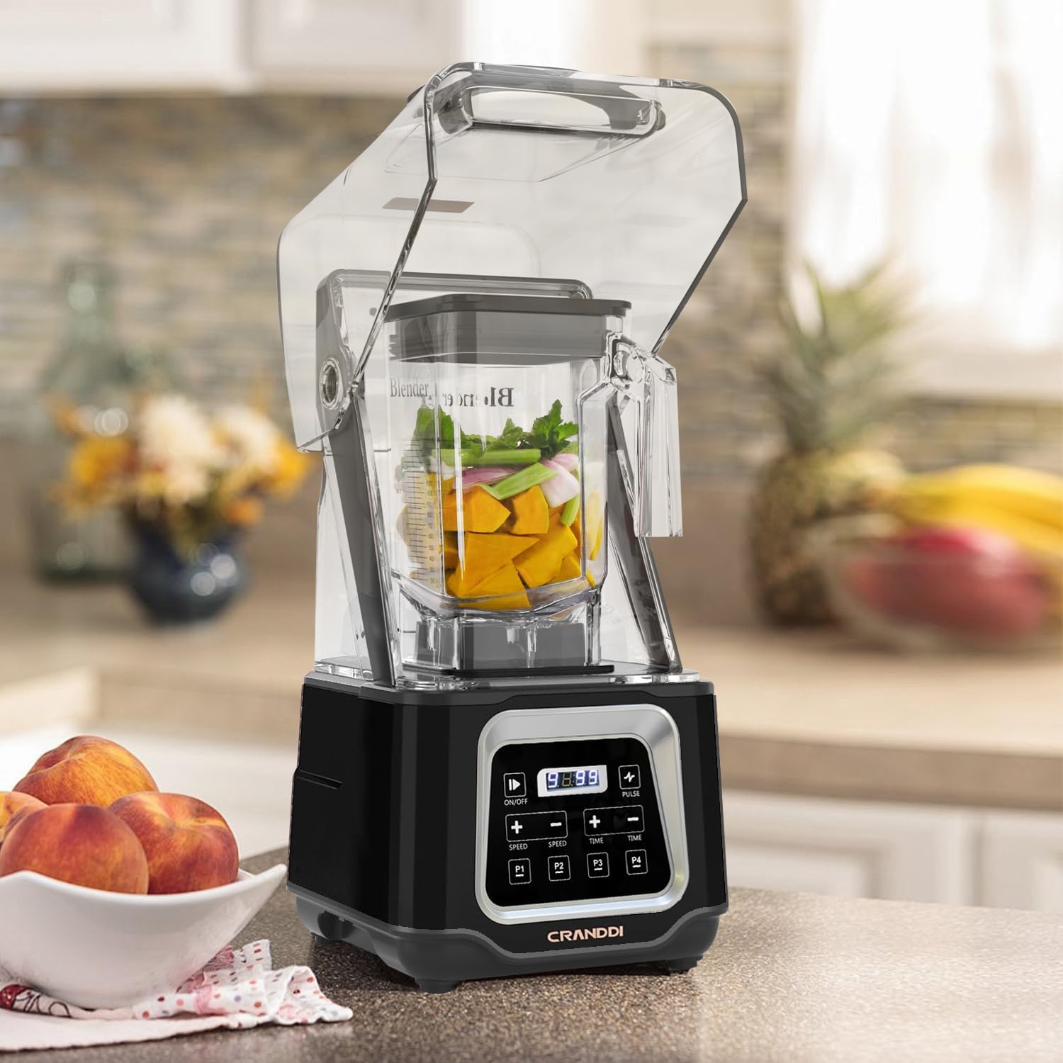 CRANDDI Smart Commercial Blender with Digital Touch Screen and Removable Cover, Quiet Shield 52oz 2200W with 4 Preset Programs of Juice, Smoothies, Frozen Drinks & More, K80TS, Black