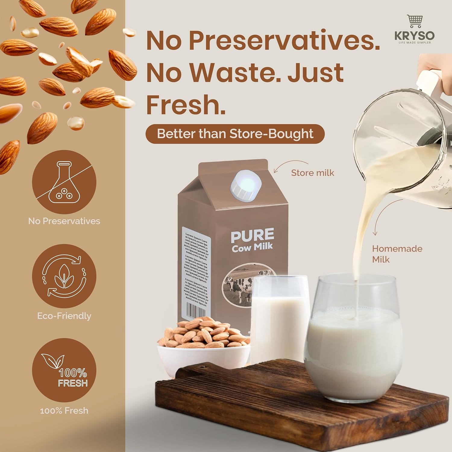 KRYSO 48OZ 8-in-1 Nut Milk Maker Machine, Automatic Kitchen Appliance with Milk Frother | Almond, Soy, Oat & Plant-Based Drinks | Self-Cleaning, Keep Warm, Juice & Soup Maker