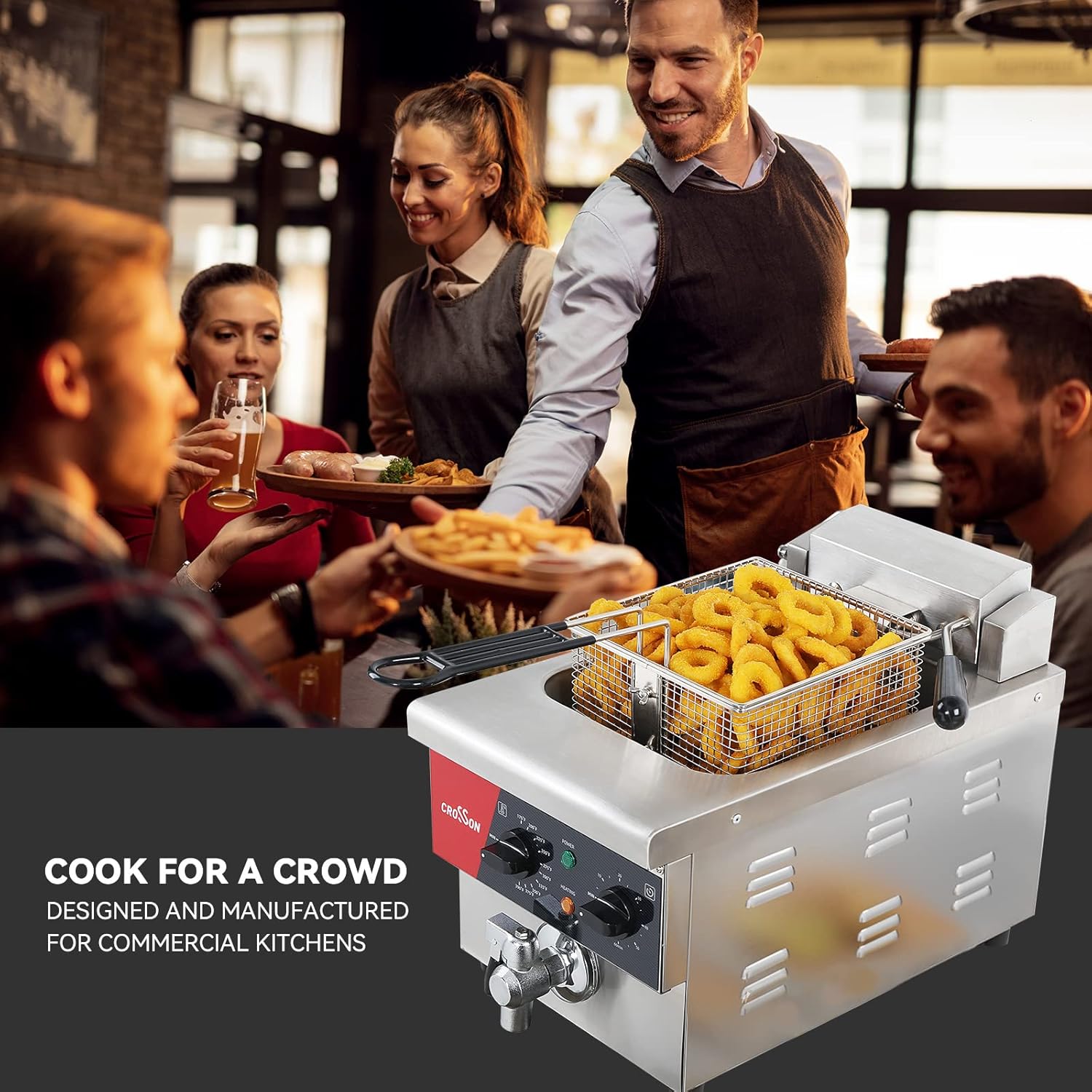 CROSSON 6L Electric Countertop Deep Fryer Extra Large with Drain,Timer,Basket and Lid for Restaurant Use 120V,1800W Commercial Deep Fryers