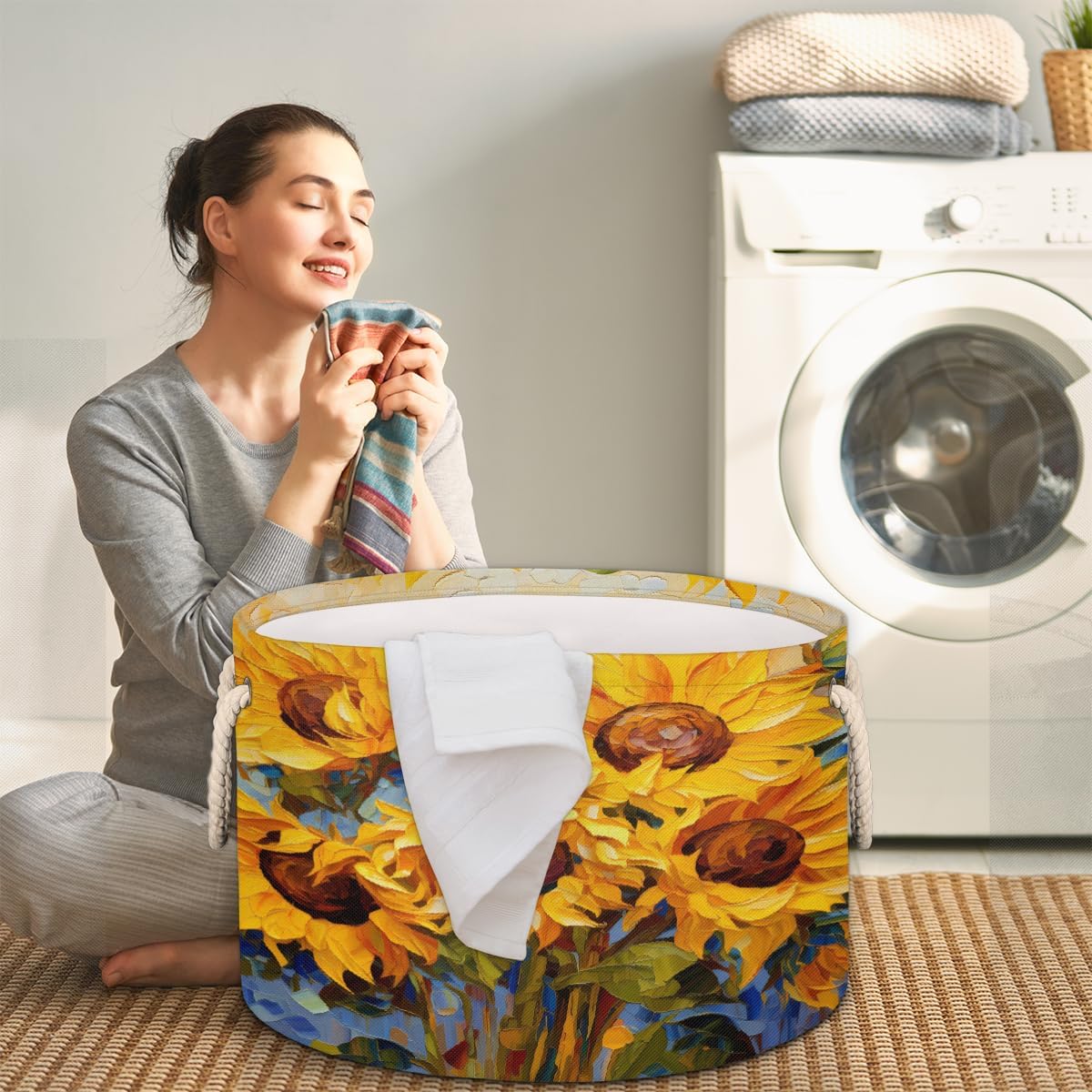 Abstract Oil Painting Sunflower Round Storage Basket Laundry Hamper Collapsible Laundry Basket with Handles Large Canvas Storage Bin for Clothes Toys Nursery Bedroom Closet Organizer