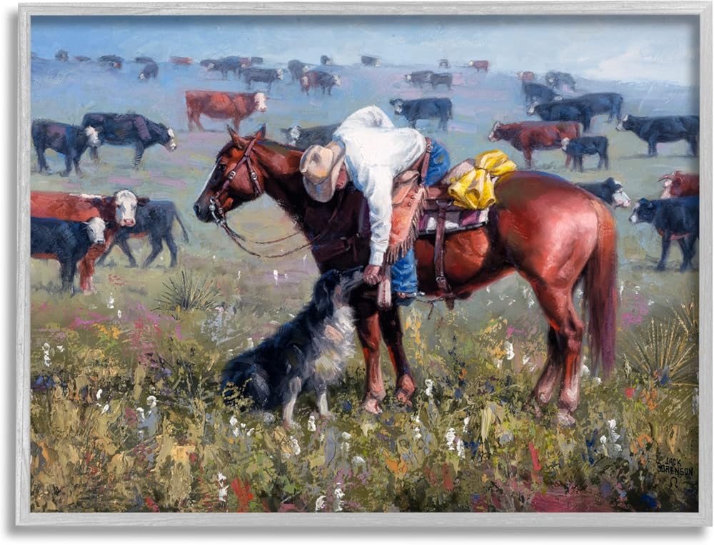 Stupell Industries Cowboy Petting Shepherd Farm Dog Cattle Grasslands Landscape, Design by Jack Sorenson