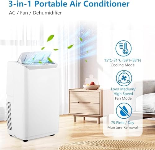 14,000 BTU Portable Air Conditioner Cools Up to 750 Sq.Ft, 3 in-1 Free Standing Cooling AC Unit with Fan & Dehumidifier, Sleep Mode/24H Timer/Auto Swing/48 dB Quiet/Windows Kit Included