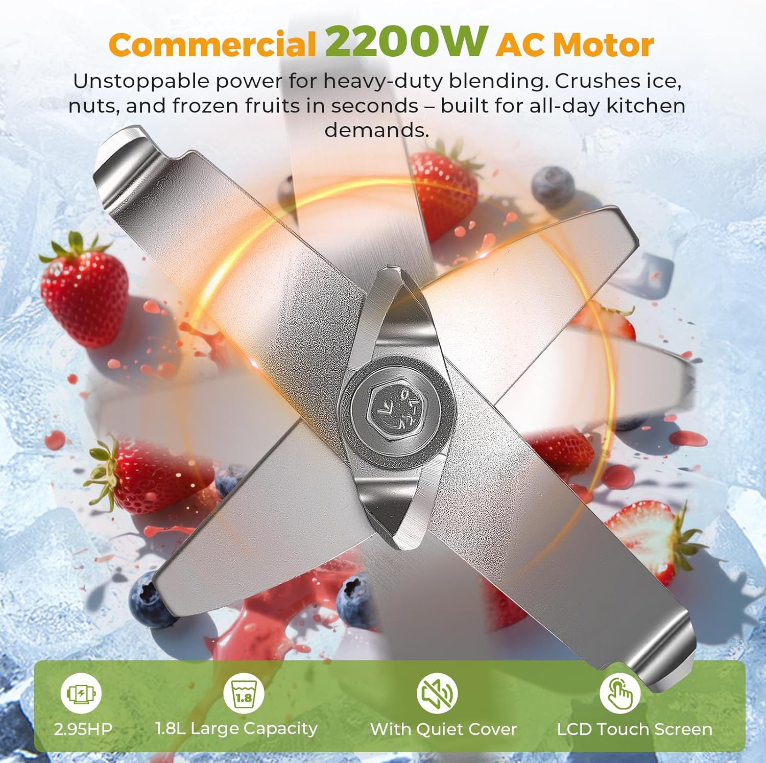 2200W Professional Quiet Blender with LCD Display, 1.8L Ice Crushing Jug, Commercial-Grade Motor, 6-Speed Touch Control & Overload Protection for Smoothies, Ice, Frozen Drinks Silver