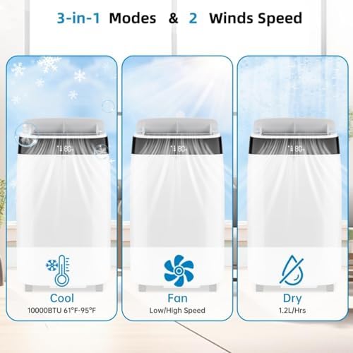 10000 BTUs Portable Air Conditioner, Floor AC Unit Cools Up to 500 Sq. Ft, Multifunctional Air Conditioner with 2 Wind Speed, Remote & Timer, for Office/Home