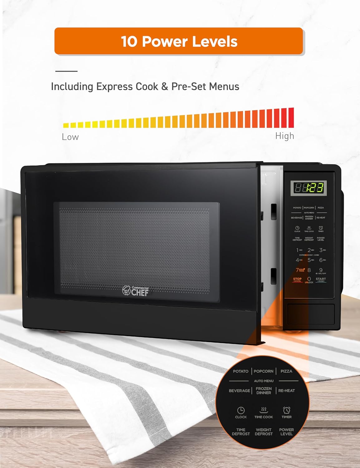COMMERCIAL CHEF 1.1 Cu Ft Microwave with 10 Power Levels, Small Microwave with Push Button, 1000W Countertop Microwave with Kitchen Timer, Door Lock, & Digital Controls, Black
