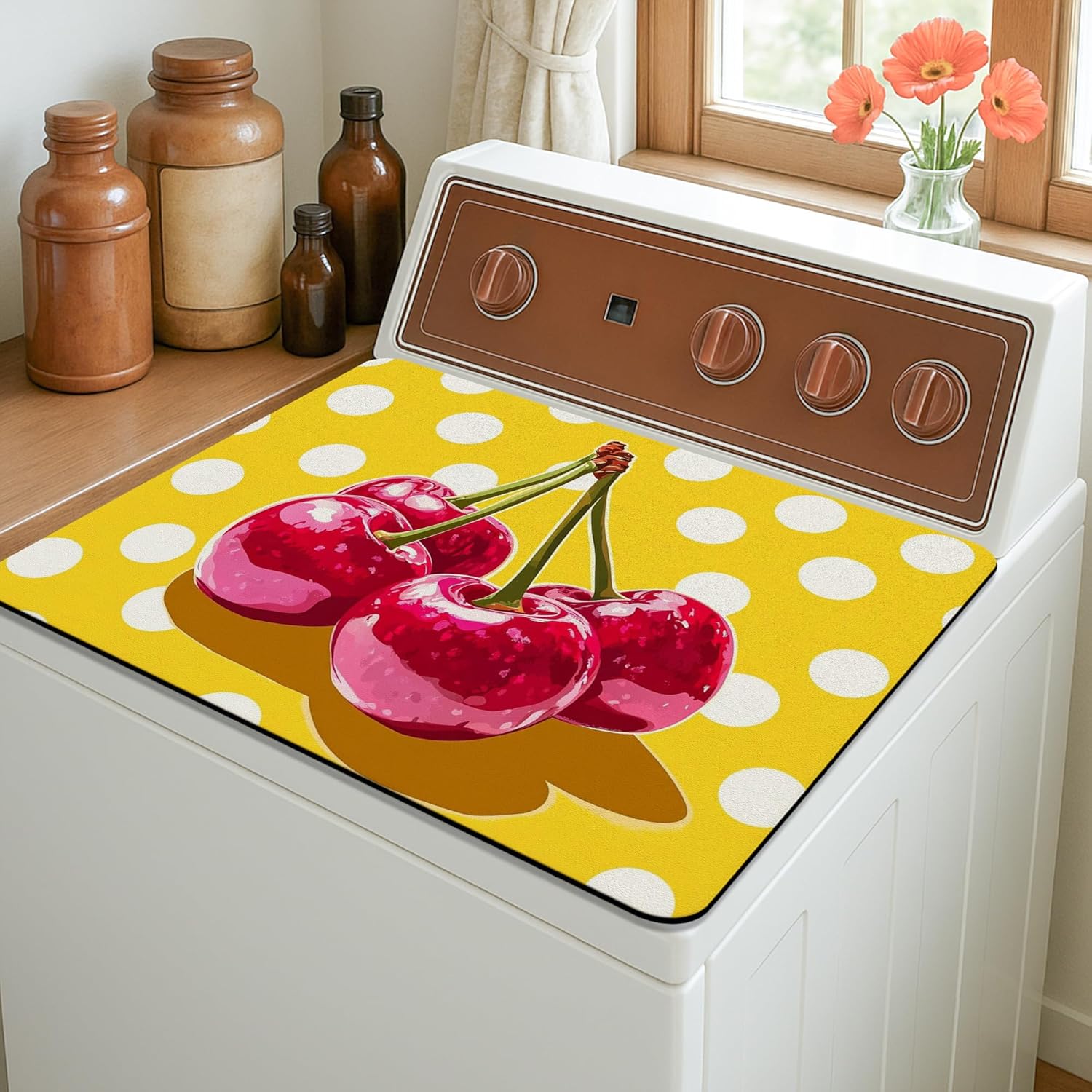 Cherries Washer Dryer Top Protector Mat, Retro Cherries Design Laundry Machine Dust Cover, Summer Waterproof Rubber Anti-slip Washer And Dryer Mats for Laundry Room 20x24 Inch