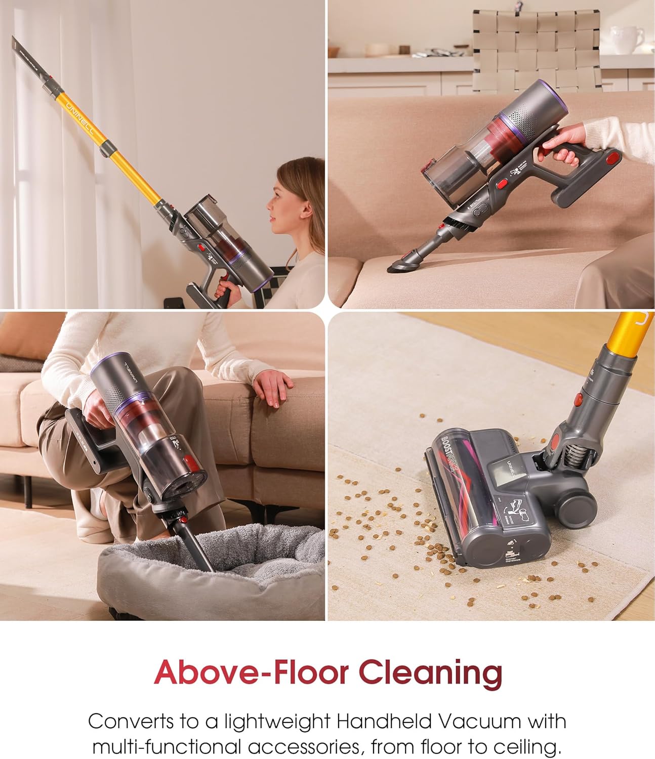 UNINELL HOME Cordless Vacuum Cleaner, 50000Pa 580W 70Mins Vacuum Cleaners for Home,Anti-Tangle Stick Vacuum Self-Standing, Handheld Vacuum Rechargeable for Pet Hair/Carpet/Floor,LED Display