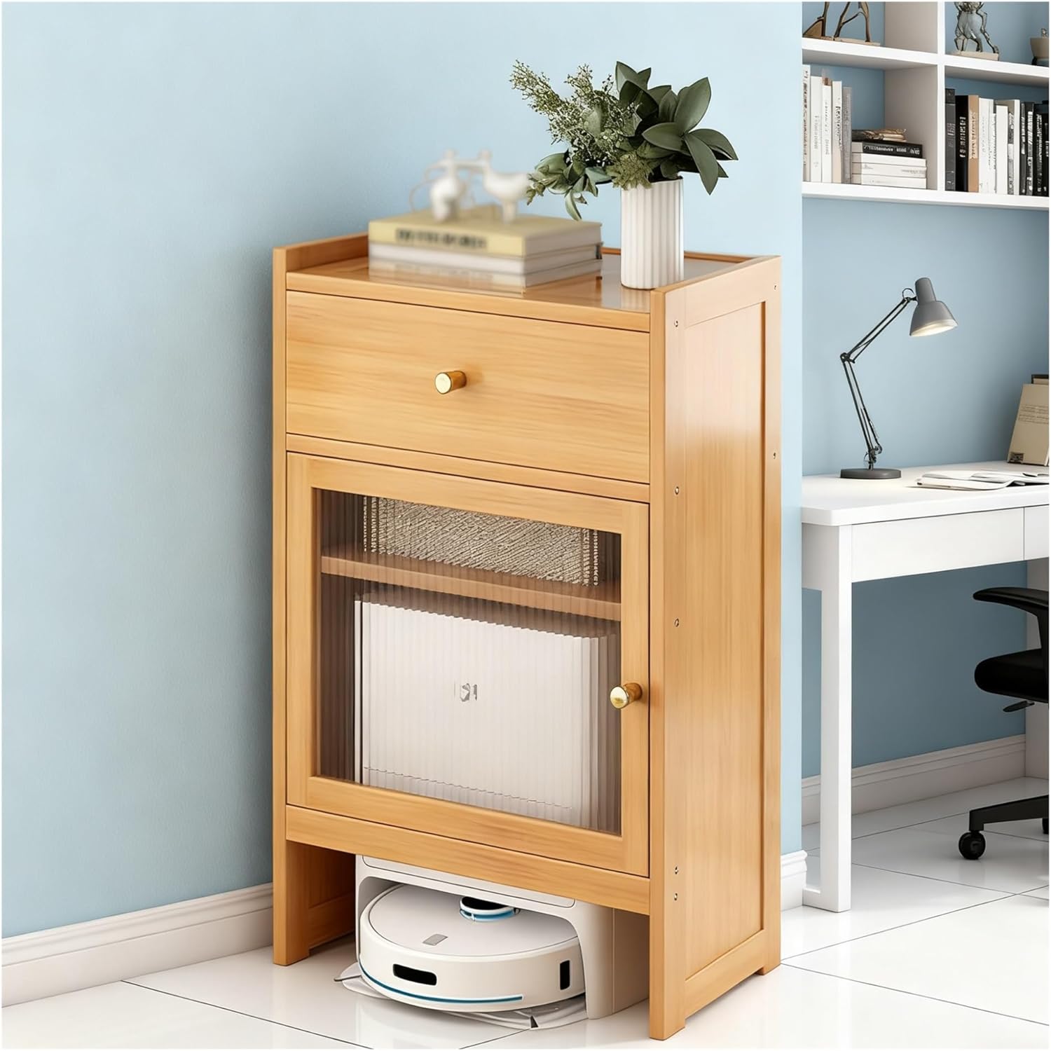 Robot Vacuum Hidden Cabinet Storage Cabinet for Self Robot Vacuum for Living Room, Bedroom, Side Table, Easy to Clean(Natural)