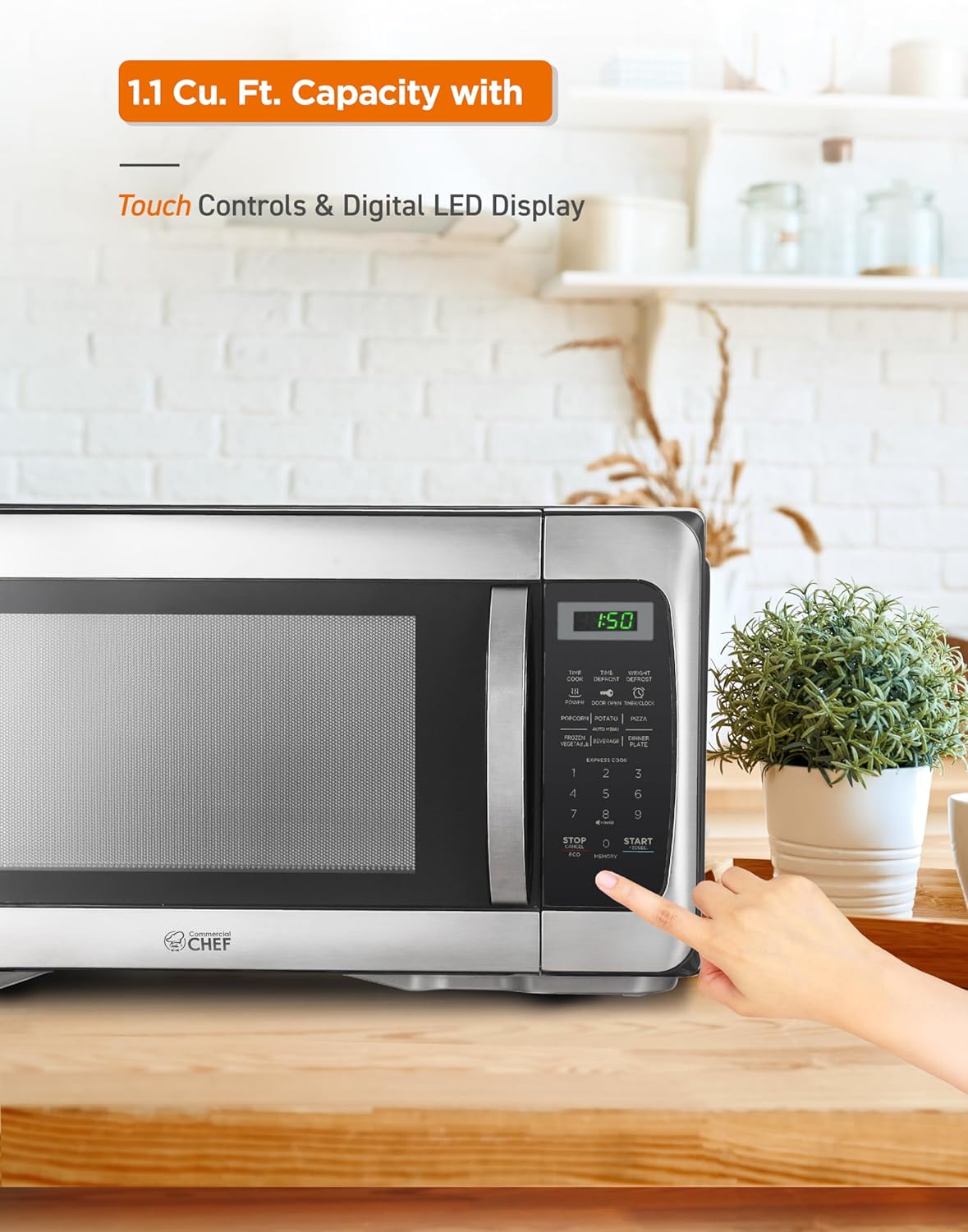 COMMERCIAL CHEF 1.1 Cu Ft Microwave with 10 Power Levels, Microwave 1000W with Push Button Door Lock, Countertop Microwave with Microwave Turntable and Digital Controls, Stainless Steel