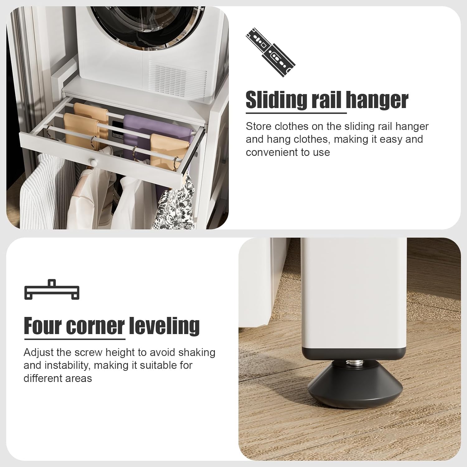 Tumble Washer Dryer Stacking Kit with Countertop - Height Adjustable Over Washer Dryer Shelves with Sliding Raill Hanger,Metal Frame Washing Machine Storage Rack for Home Bathroom Commercial (White)