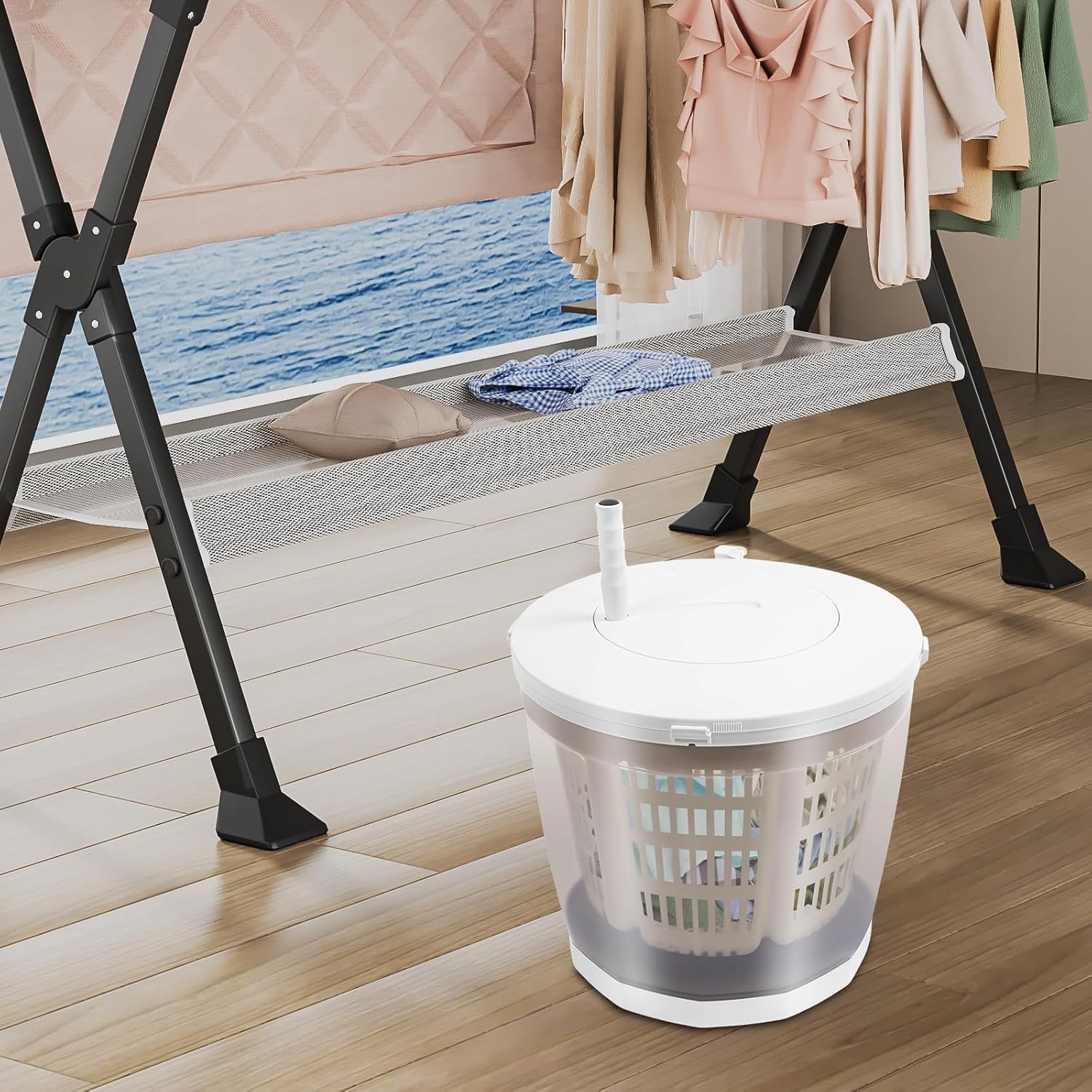 2 in 1 Hand Crank Washing Machine with Spin Dryer, Mini Compact Manual Clothes Washer for RV, Travel, Camping, Small Items (Underwear, Socks), Grey