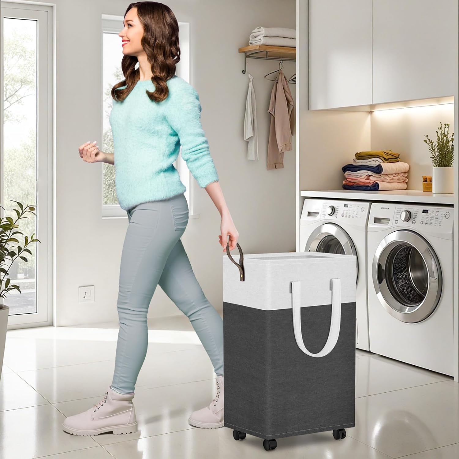 HomeHacks Laundry Basket with Wheels, Rolling Laundry Hamper, Collapsible & Waterproof Clothes Hamper, Narrow Corner Bins with Extended Handles in the Family & Dorm 90L(Grey)