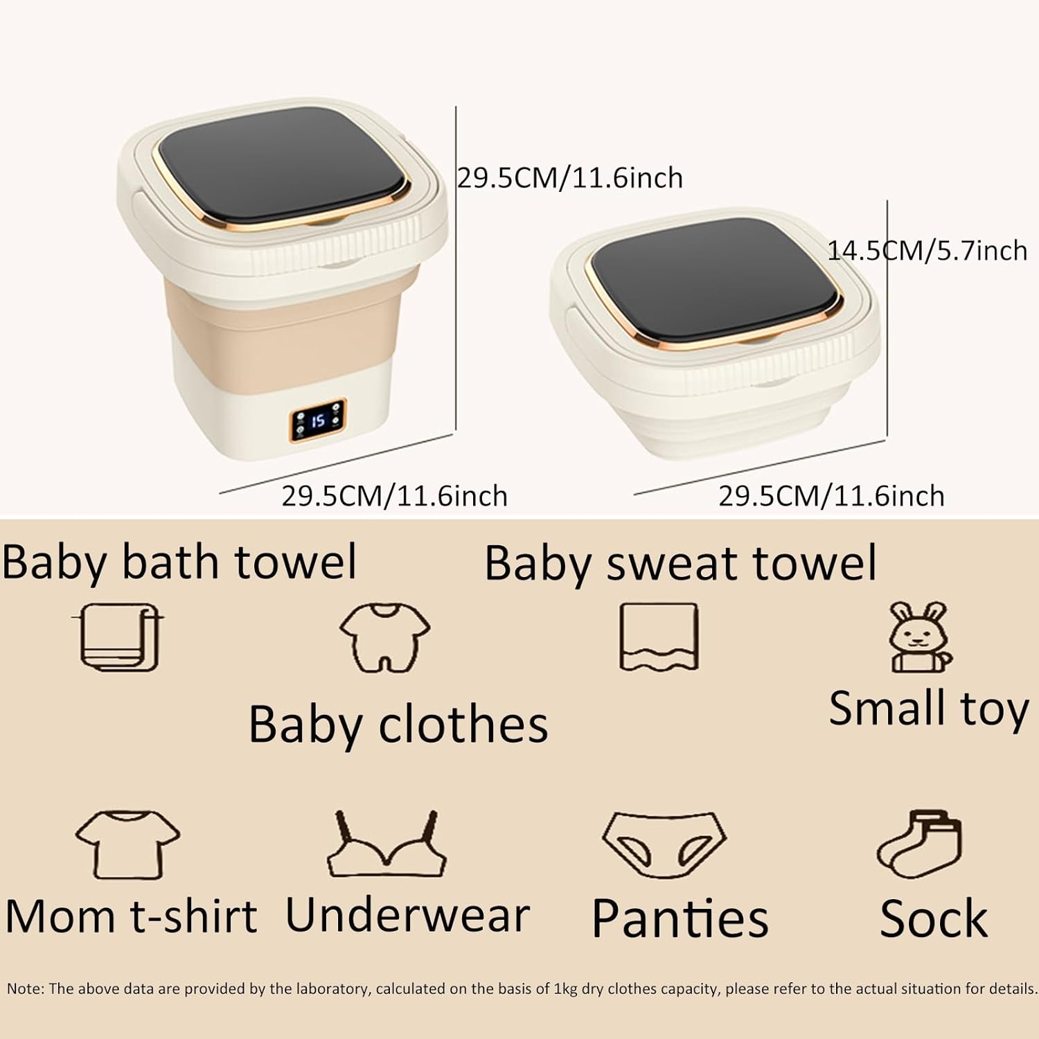 Portable Washing Machine, Mini Washer Foldable, Baby Washing Machine, Washing and Draining All in One, With Spin Cycle Basket, for Camping, Traveling, Apartments, Dorms, Rvs-110v ( Color : Beige , Siz