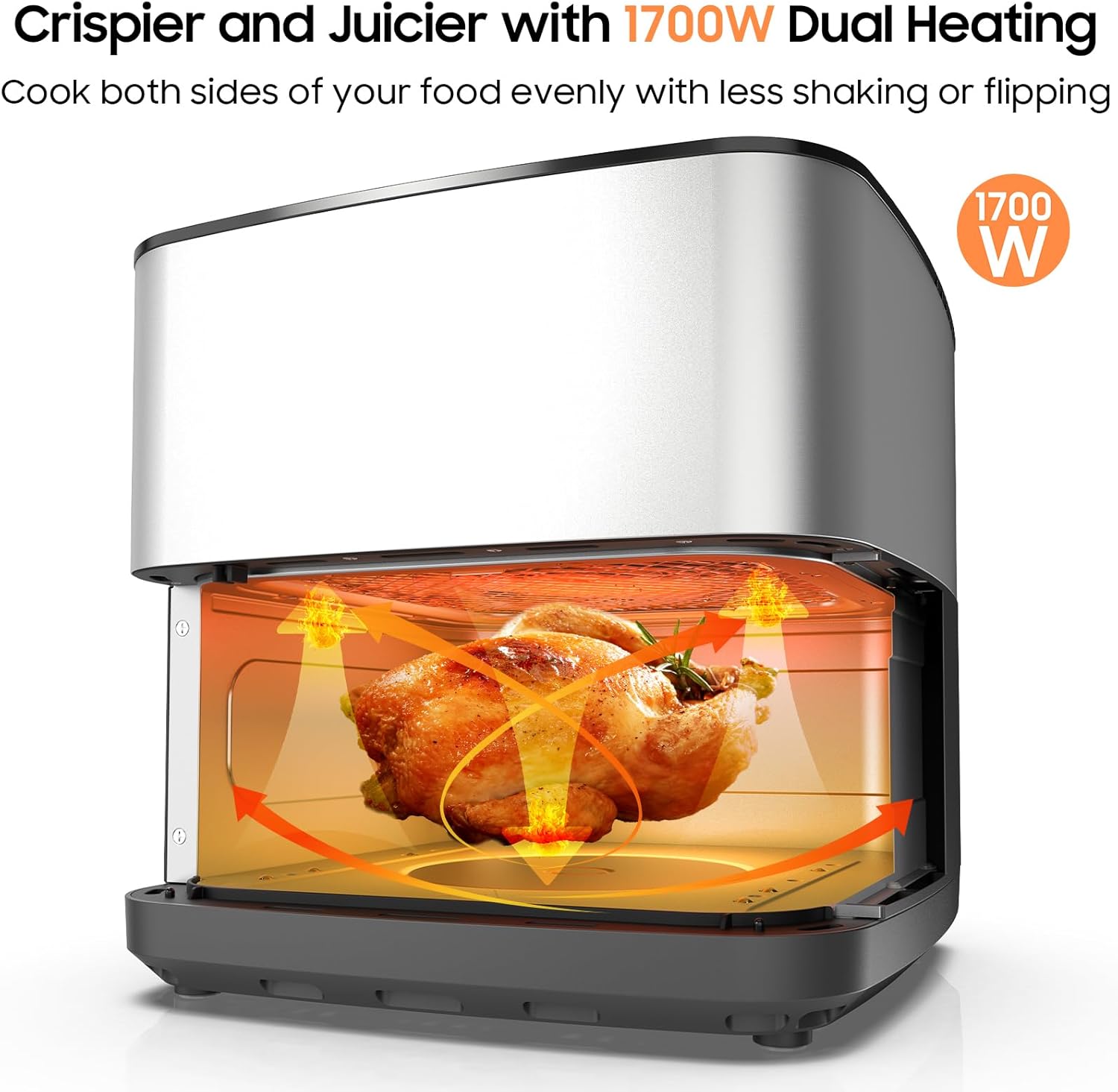 Iceagle Stainless Steel Air Fryer 9 Quart - Airfryer XXL with Large Viewing Window, Dual Heating Elements, 12-in-1 Function to Roast, Bake, Broil, Defrost, Reheat, Dishwasher-Safe Parts, 1700W, Siver