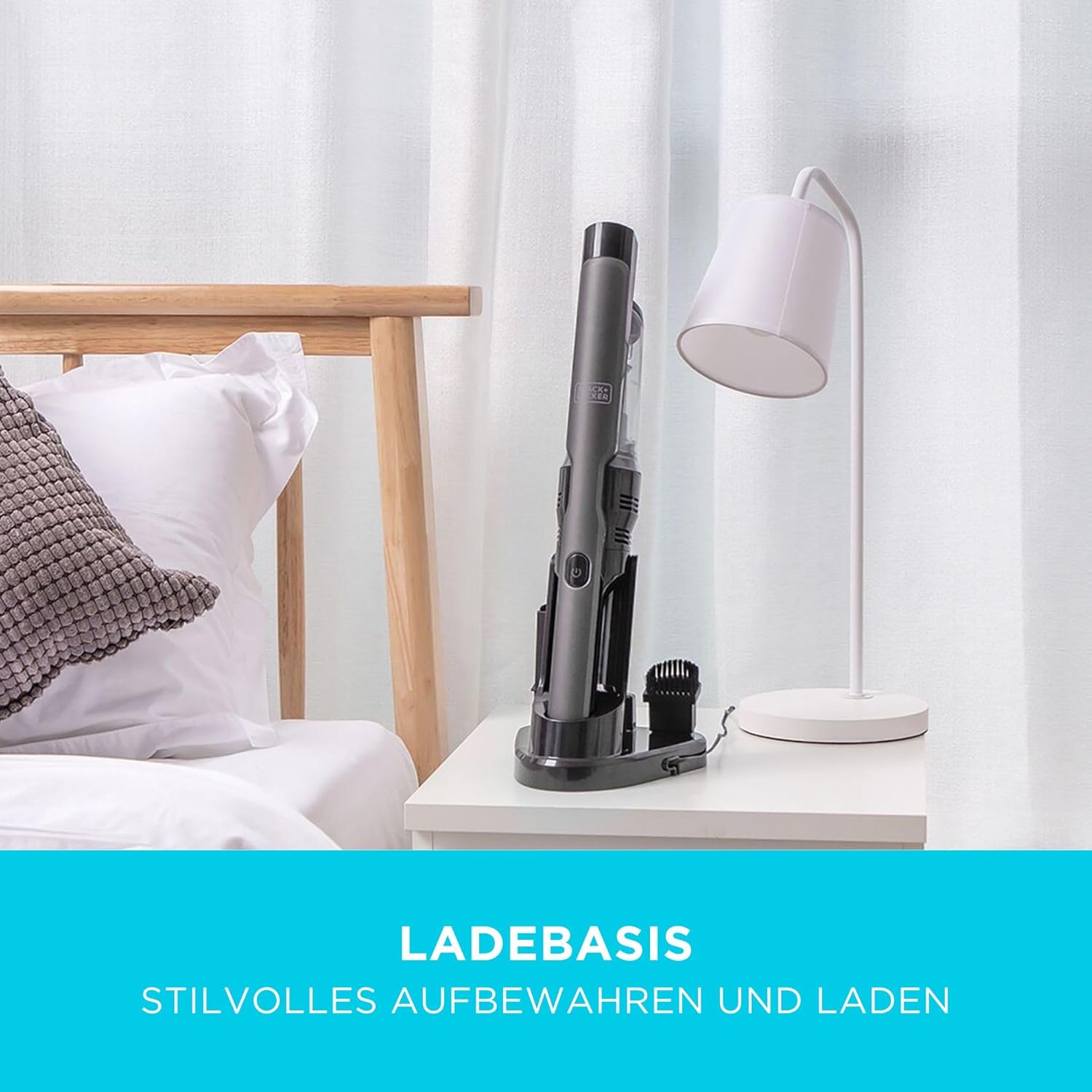 Aspirador de mano fino color pig brushless con accesorios. Potencia 12V y batería 2Ah Litio con cargador base