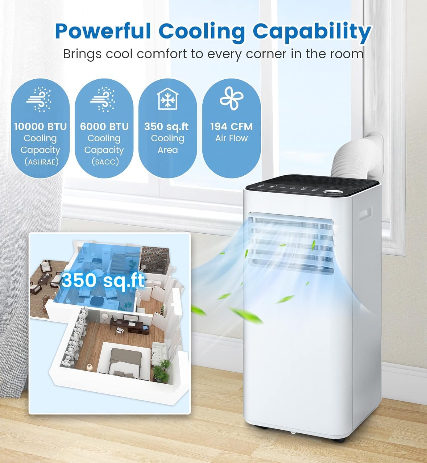 ARLIME Portable Air Conditioners, 10000 BTU Air Unit w/Built-in Dehumidifier, 24H Timer, Smart Sleep Mode, LED Touch Panel & Window Kit for Rooms up to 350 Sq.Ft