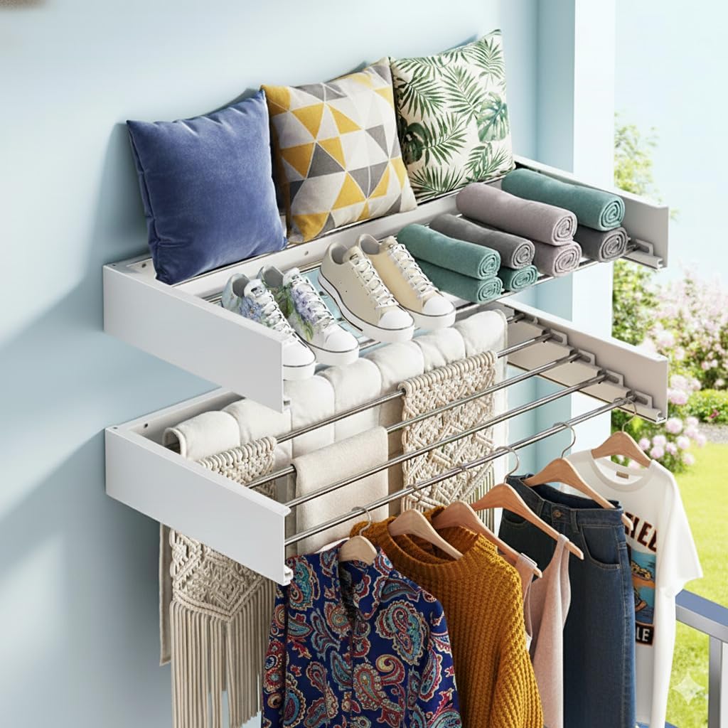 Wall Mounted Drying Rack for Laundry Retractable Clothes Dryer Racks 31.5” with 60 lb Capacity, Heavy Duty Clothing Drying Rack Foldable Space-Saving Design for Indoor & Outdoor