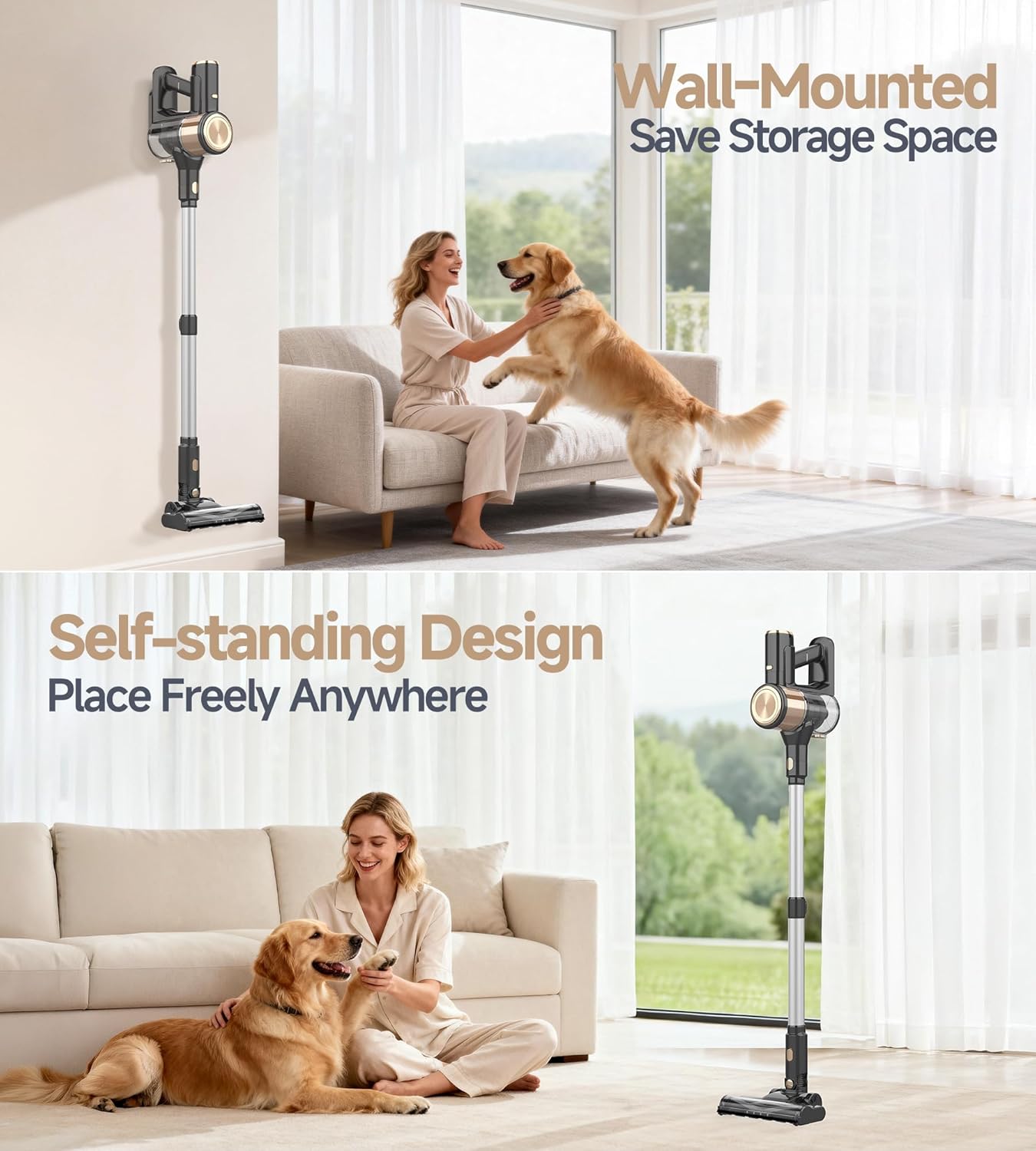 N17 Cordless Vacuum Cleaner, Upgraded Lightweight Stick Vacuum for Home, 45mins Runtime, Powerful Suction, Self-Standing, Anti-tangle, Rechargeable Vacuum for Hard Floor Carpets Pet Hair (Gold)