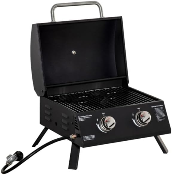 Portable Gas Grill with Lid & Thermometer – Foldable Legs, Piezo Ignition, Stainless Steel Handles, Compact Propane BBQ for Outdoor Camping, Tailgating & Backyard Cooking