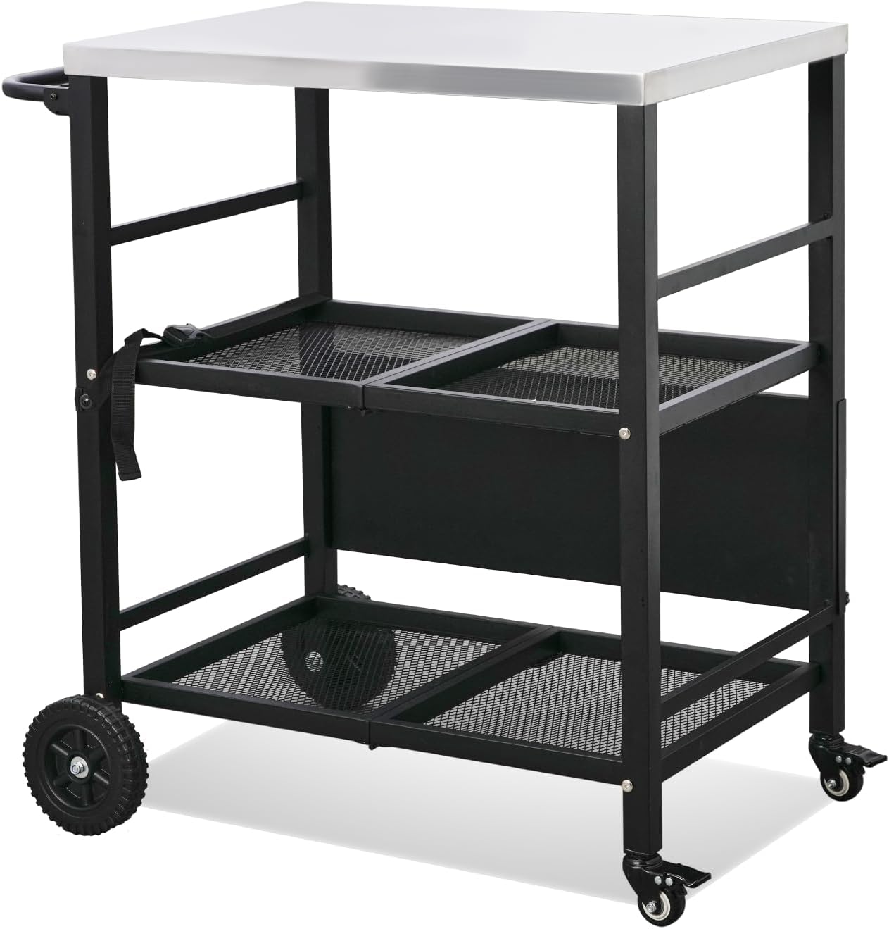 VINGLI Stainless Steel Foldable Grill Table Cart, Outdoor Food Prep Rolling Cart with Wheels and Storage Shleves, Paper Towel Holder, Easy Movable Kitchen Island for Home, Patio, Pizza Oven