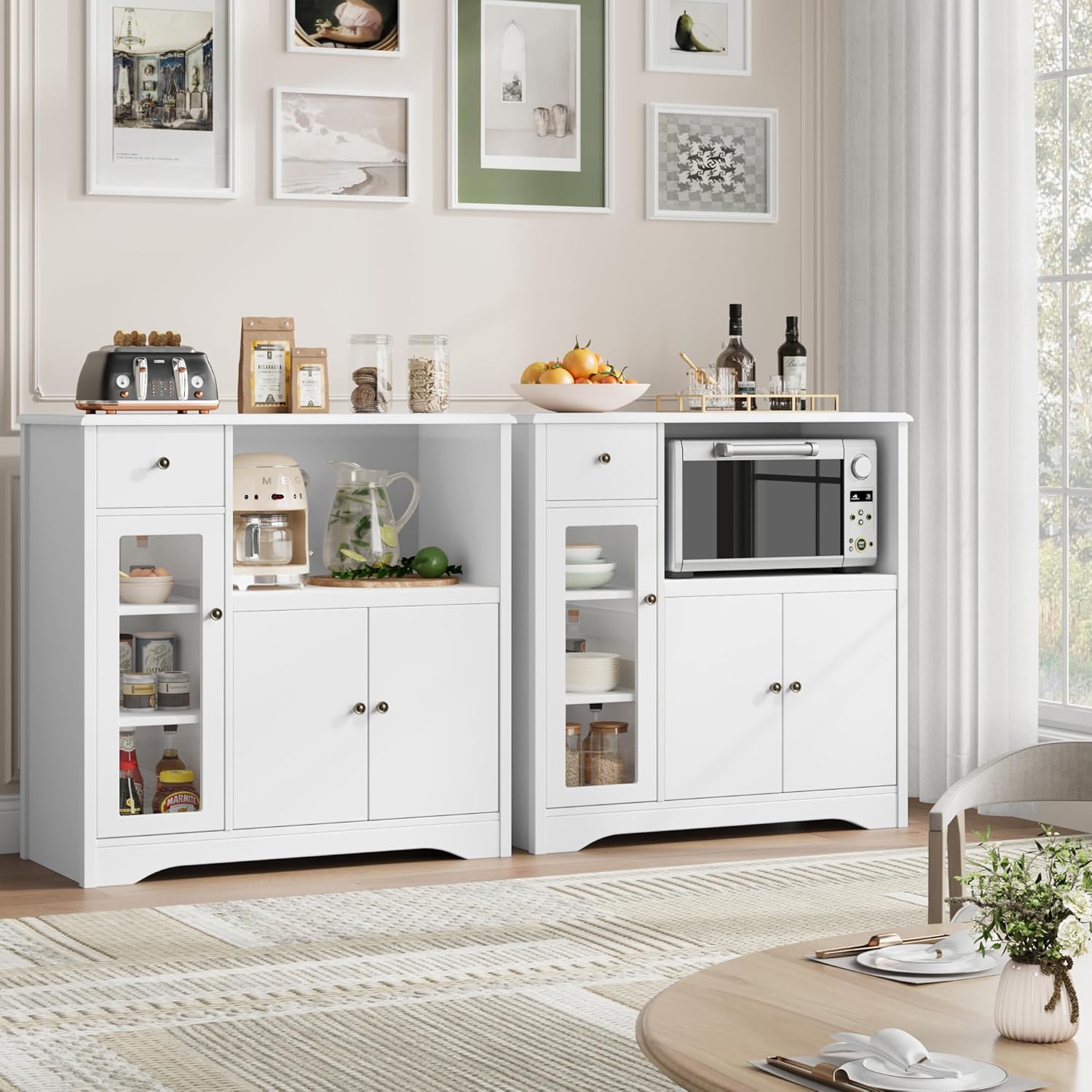 HORSTORS Microwave Cabinet, Kitchen Storage Cabinet with 3 Doors and 1 Drawer, Buffet Sideboard with Adjustable Shelves, Microwave Stand for Kitchen, Dining Room, White