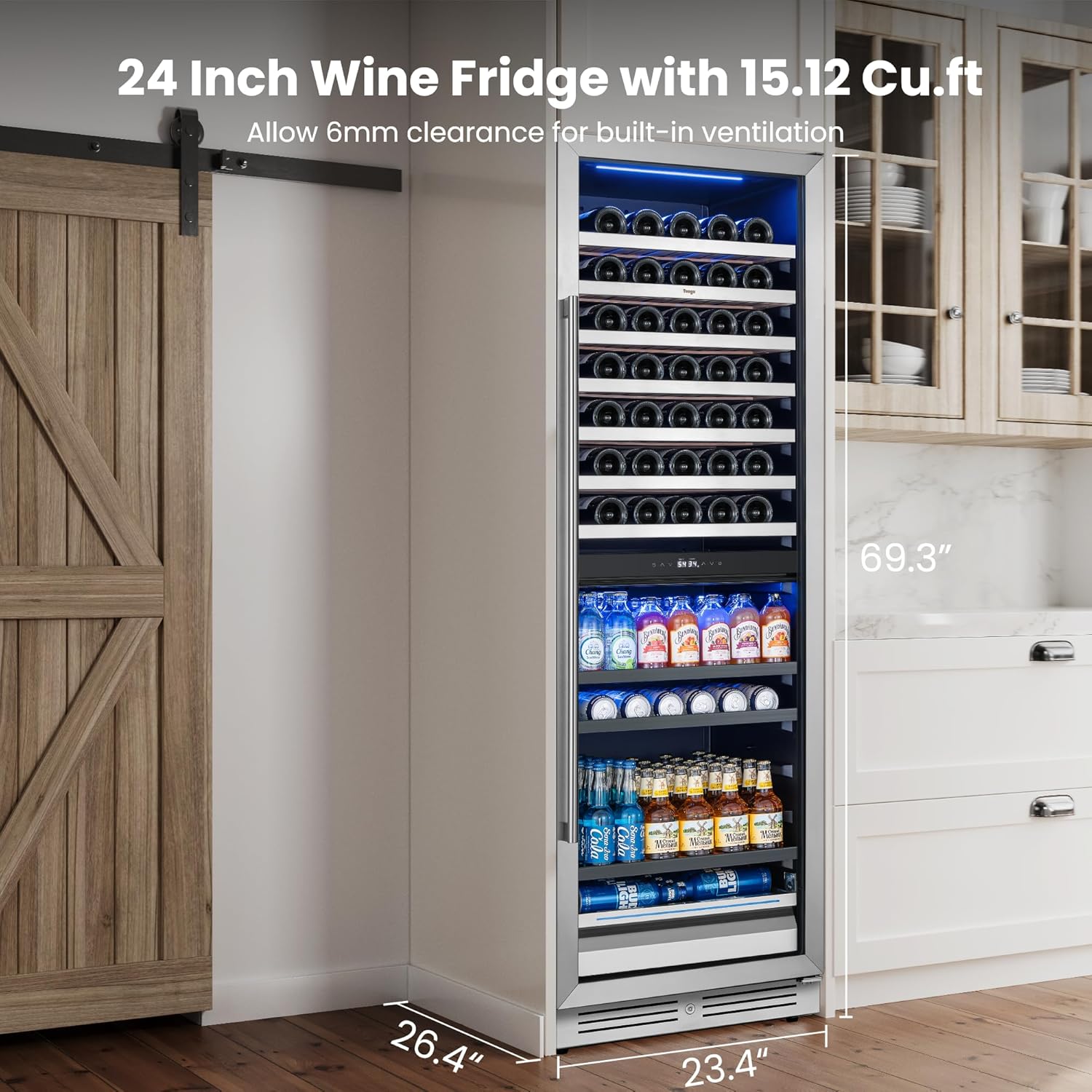 Yeego 24 Inch Wine Fridge – Wine and Beverage Cooler 34°F-65°F, 304 Stainless Steel Glass Door Lock, Temp Memory Blue & White LED Built-in Fridge with Adjustable Shelves (182 Can+77 Bottle)