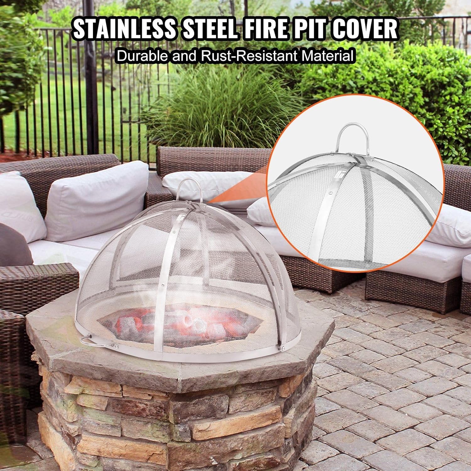 30-Inch Fire Pit Spark Screen Lid,Stainless Steel Firepit Cover with Tight Mesh and Dual Handles,Round Outdoor Fire Pit Accessories for Patio,Backyard Fireplace