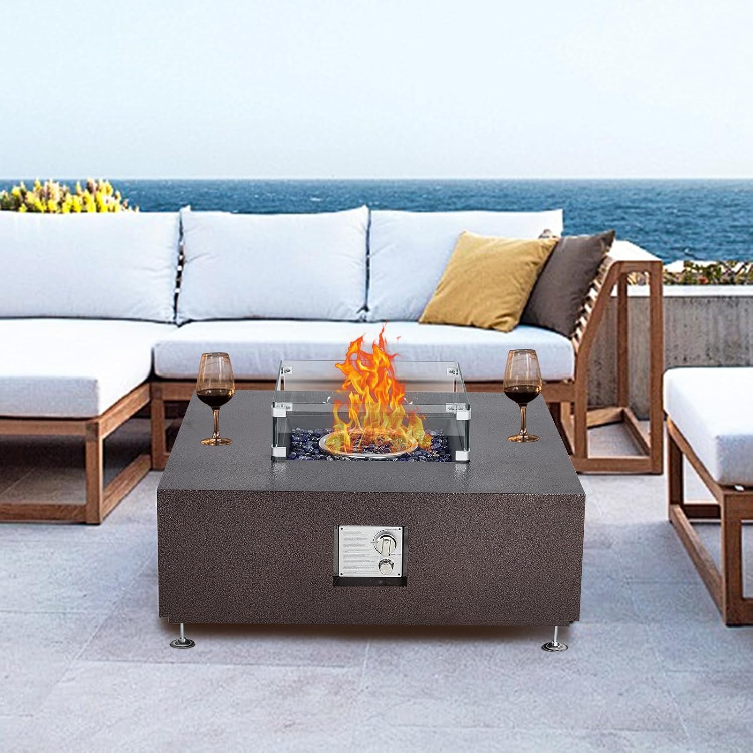 36 Inch Outdoor Propane Fire Pit Table, 50000BTU Steel Gas Firepit with Wind Guard, Add Warmth and Ambience to Parties On Outside Patio Deck Garden, CSA Safety Certified Glass Beads & Rain Cover