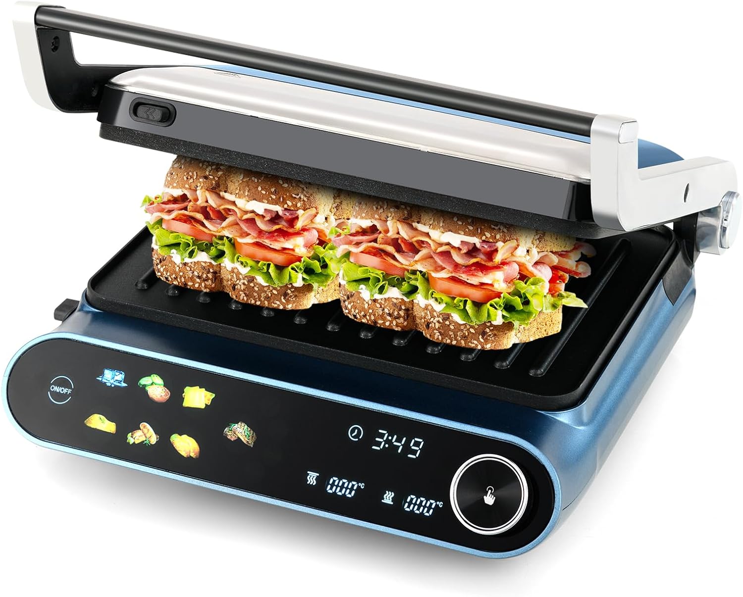 Happygrill 3 in 1 Panini Press Electric Indoor Grill & Sandwich Maker,1200W Open Flat Griddle w/ 2 Removable Non-Stick Dishwasher-Safe Plates,LED Display,7 Modes,Independent Temp Control & Drip Tray