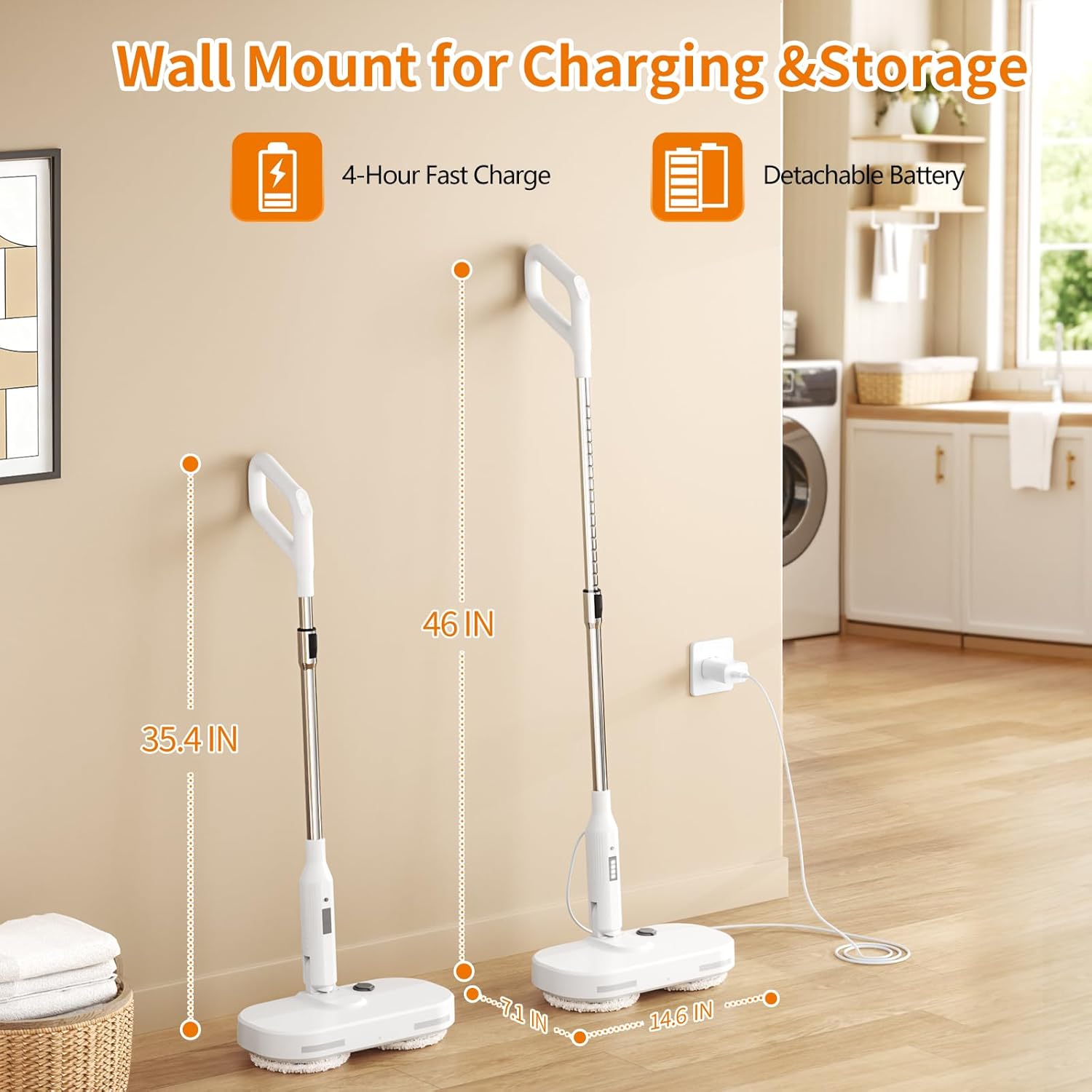 Adjustable Cordless Electric Spin Mop with self-propelled water sprayer/8000mAh Battery/LED Headlight,self-propelled design with 6 Washable mop Pads for Hardwood, Tile Floors, Quiet Cleaning/Waxing