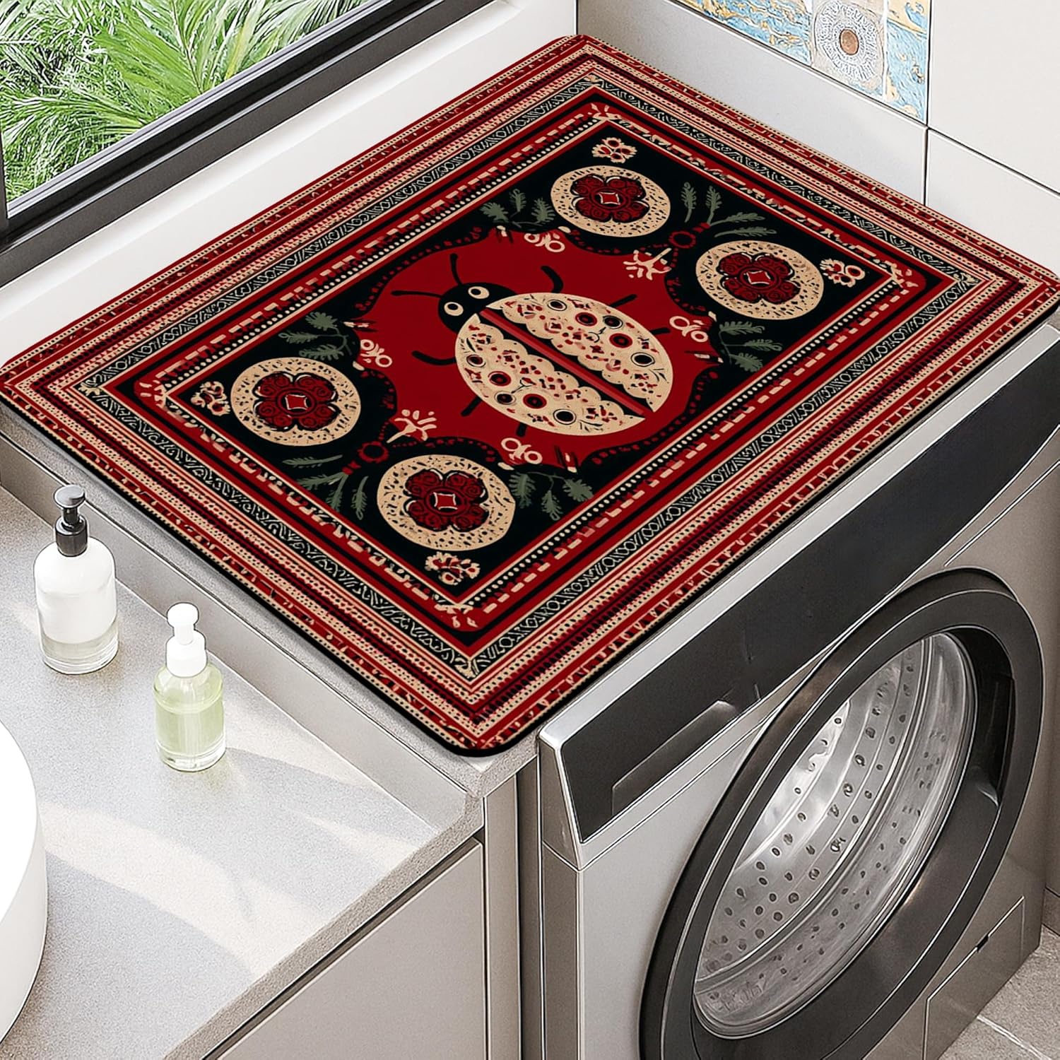 Ladybug Washer Dryer Top Protector Mat, Vintage Art Laundry Machine Dust Covers, Nature Inspired Rubber Anti-slip Waterproof Washer And Dryer Mats for Home 20x24 Inch