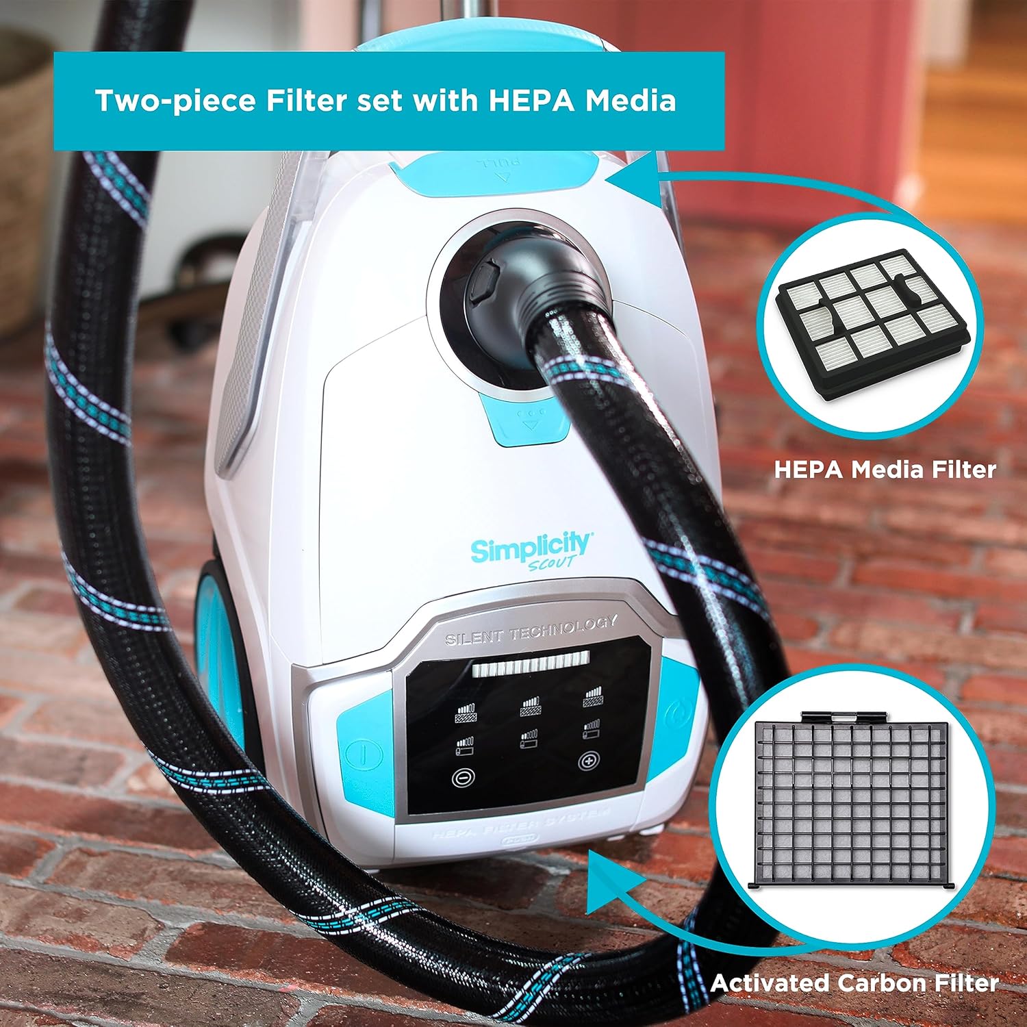 Simplicity Vacuums Scout Plus Vacuum Cleaner Bundle with Filter and Bags, Bagged Vacuum Cleaner with Digital Suction Control and Turbo Nozzle, Replacement Vacuum Filter Set and Bags