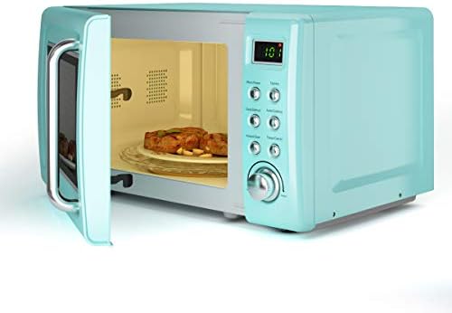 Retro Microwave Oven,Safeplus 0.7Cu.ft, Countertop 700W Microwaves with Cold Rolled Steel Plate 5 Micro Power Defrost & Auto Cooking Function LED Display Glass Turntable and Viewing Window Child Lock