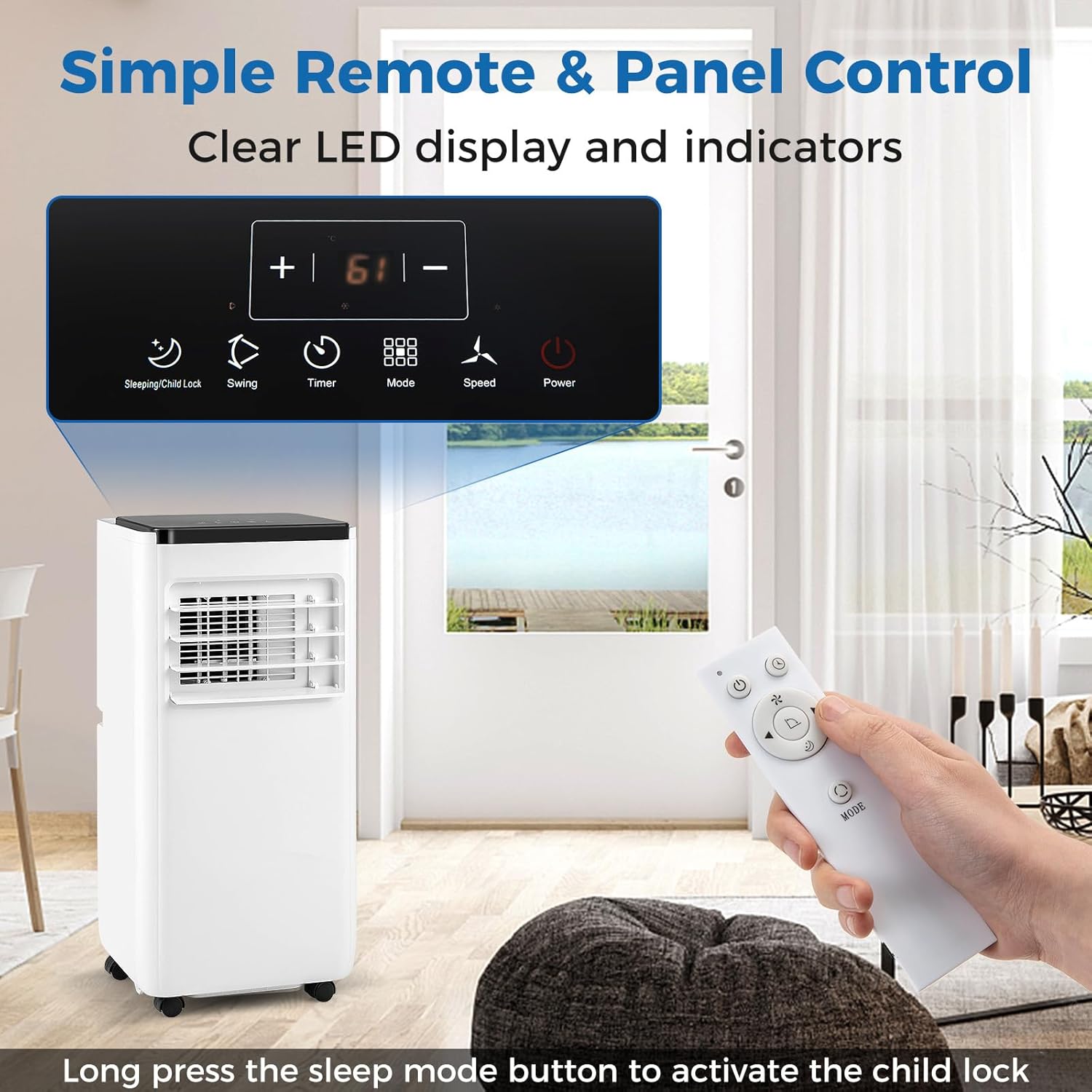 KOTEK Portable Air Conditioners, Cools up to 250 Sq.Ft, 4-in-1 AC Unit for Bedroom with Auto Mode, Dehumidifier, Child Lock & Installation Kit, Room Air Conditioner Portable for Home Office (8000BTU)