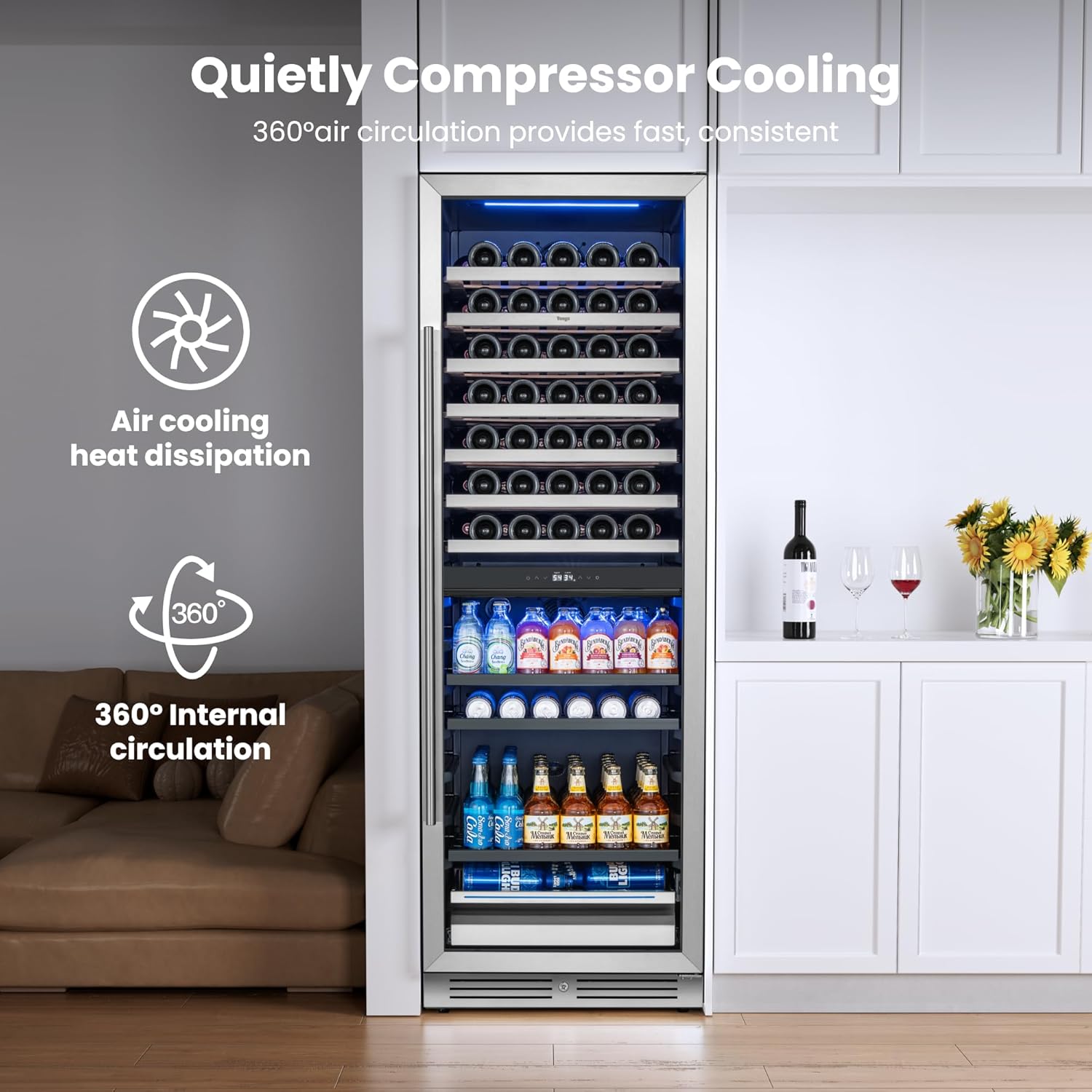 Yeego 24 Inch Wine Fridge – Wine and Beverage Cooler 34°F-65°F, 304 Stainless Steel Glass Door Lock, Temp Memory Blue & White LED Built-in Fridge with Adjustable Shelves (182 Can+77 Bottle)