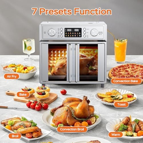 26QT Air Fryer Convection Oven Toaster Oven Combo, 7-in-1 French Door Countertop Oven with 14 Presets, Large Capacity Smart Oven for Baking Roasting Dehydrating and Air Frying Stainless Steel
