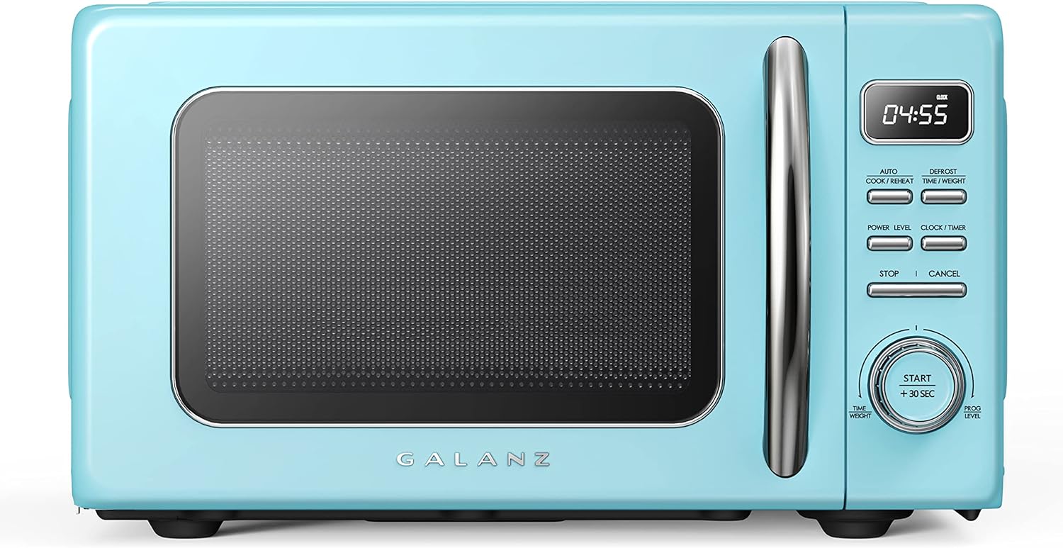 Galanz GLCMKZ09BER09 Retro Countertop Microwave Oven with Auto Cook & Reheat, Defrost, Quick Start Functions, Easy Clean with Glass Turntable, Pull Handle, 0.9 cu ft, Blue