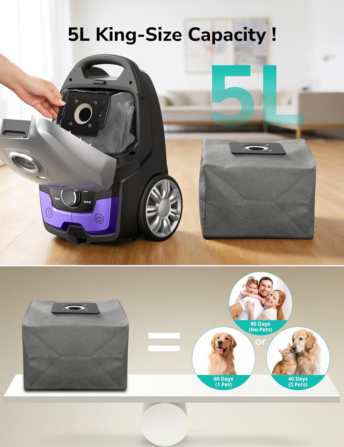 Canister Vacuum,1700W/45KPA Bagged Vacuum Cleaner,5L Large Capacity,Auto Cord Rewind,HEPA Filter,Low Noise,7.5M Cleaning Radius,Variable Power Control,Easy to Push,Hard Floor,Pet,Carpet,Upholstery,Car