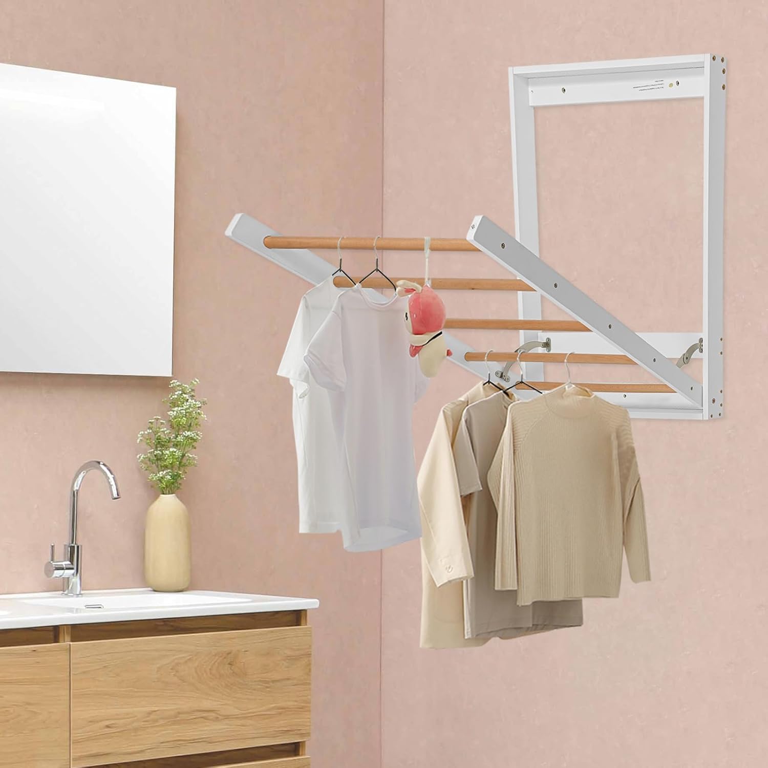 DouSeiAi Wall Mounted Clothes Drying Rack, Foldable Wooden Laundry Dryer with Drop-Down Design for Space Saving in Bathroom, Laundry Room, Balcony