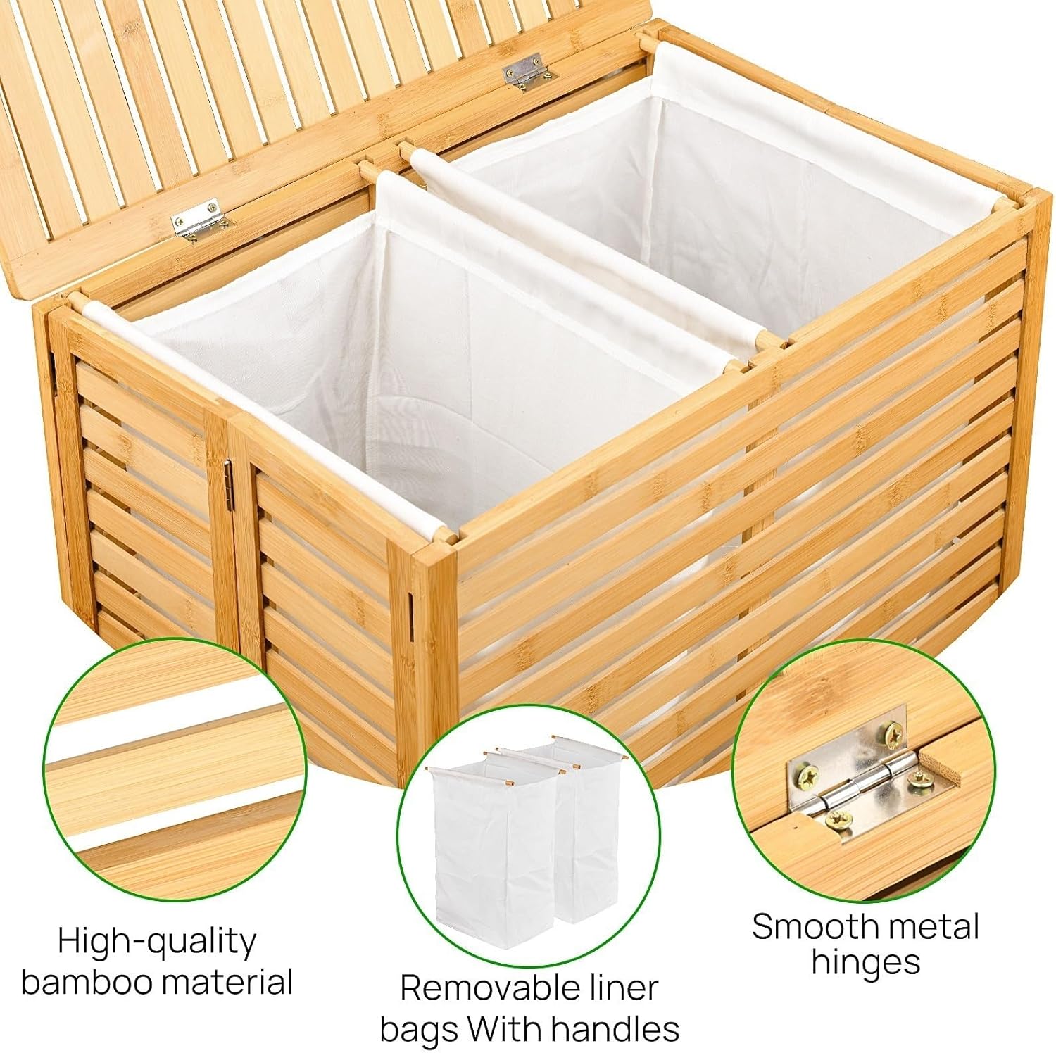 Bamboo laundry basket with lid, 125 liter foldable laundry basket with 2 detachable inner lining bags, suitable for laundry rooms, bathrooms, bedrooms, natural wood