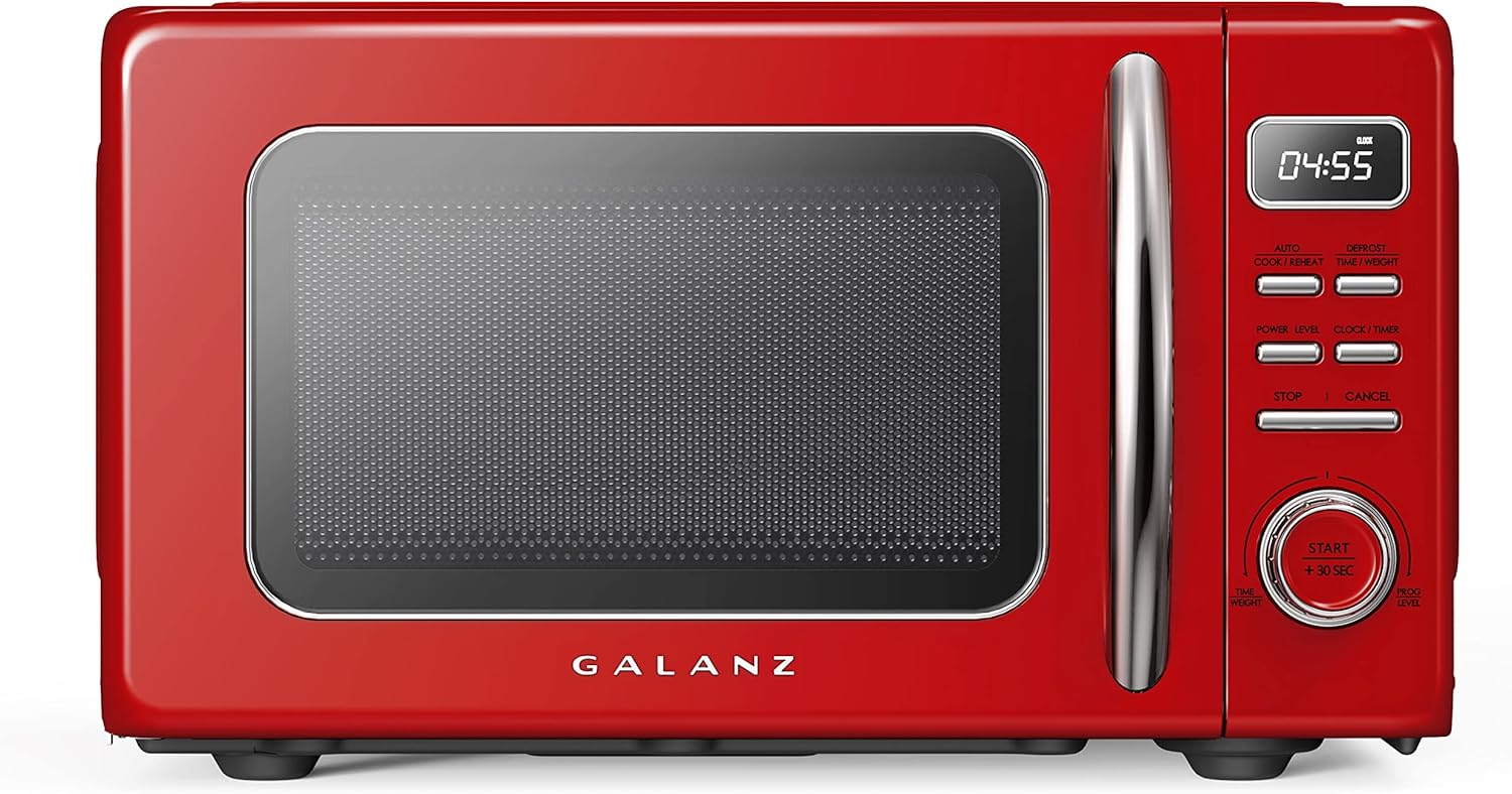 Galanz GLCMKZ07RDR07 Retro Countertop Microwave Oven with Auto Cook & Reheat, Defrost, Quick Start Functions, Easy Clean with Glass Turntable, Pull Handle.7 cu ft, Red