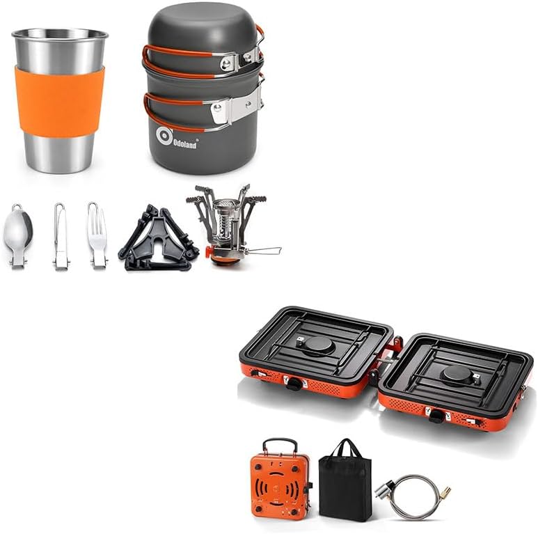 Odoland Bundle - 2 Items Camping Cookware Set and Portable 2 Burner Camping Stove